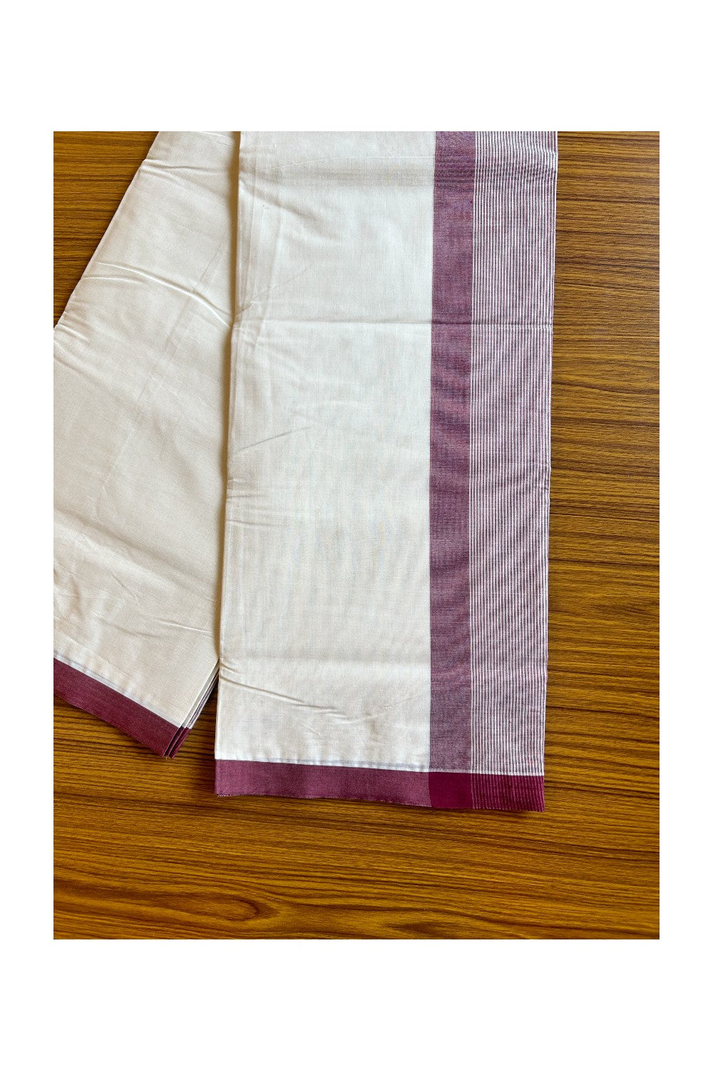 20% DISCOUNT! KaithariKada Balaramapuram 100% Cotton Off white  (Unbleached) Double Mundu/Dhoti-100x100 Maroon Stripes Kara- 4KK423ASH