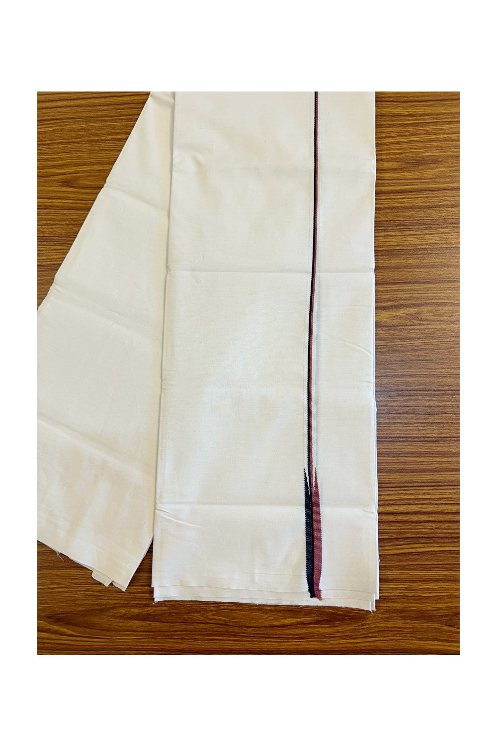 DMK Veshti - 28% DISCOUNT ! KaithariKada Balaramapuram 100% COTTON SINGLE OFF WHITE (Unbleached) Mundu/Dhoti-100X100 -  0.5 Inch Puliyilakkara Light Maroon & Black Chutty (2 meter / 4 muzham) -  4KK446ASH