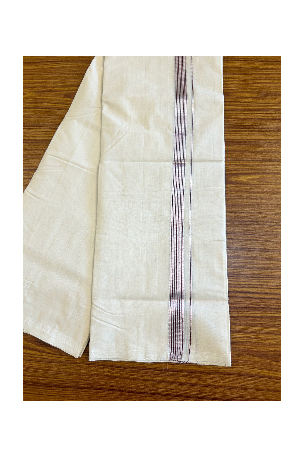 30% DISCOUNT!! KaithariKada HANDLOOM UNAKKUPAAV Balaramapuram - 100% PURE Cotton OFF White (Unbleached) Double Mundu/Dothi - Maroon & Silver kasavu Striped kara - 4KK458SOM