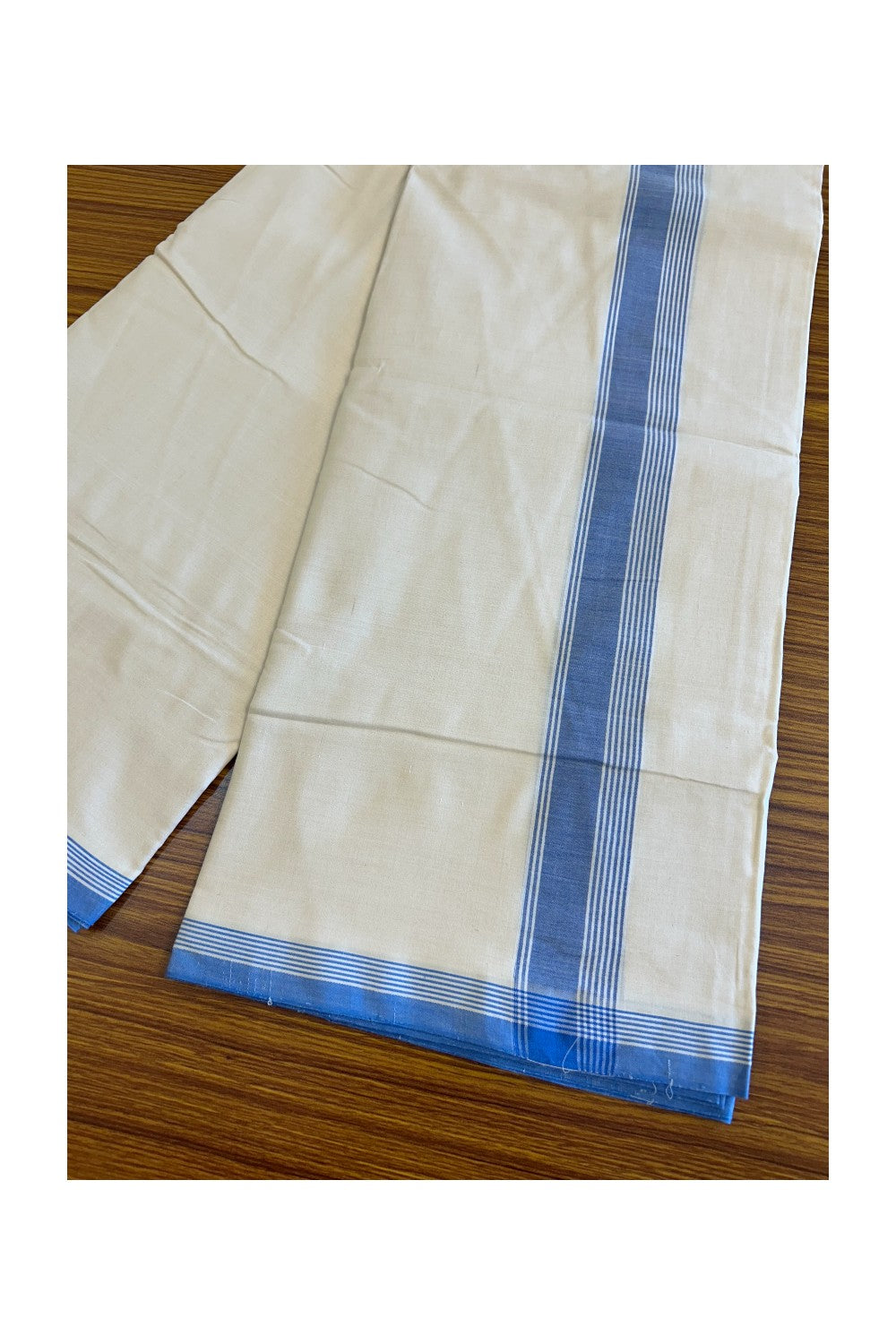 120X120 PREMIUM Kaitharikada Exclusive - 25% DISCOUNT! BALARAMAPURAM HANDLOOM Unakkupaavu - 100% PURE Cotton Double Mundu/Dhoti OFF WHITE (Unbleached) - 1.75 inch Blue Striped Kara - 4KK477KAL