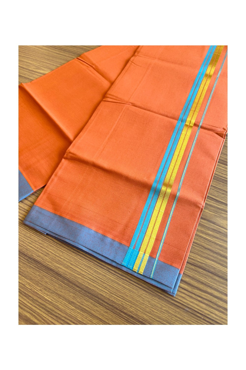 Kaitharikada Soft Cotton - Kaily / Lungi - 1.75 inch Deep sky blue & kasavu striped kara with KAAVI colour body - 4KK492RAM