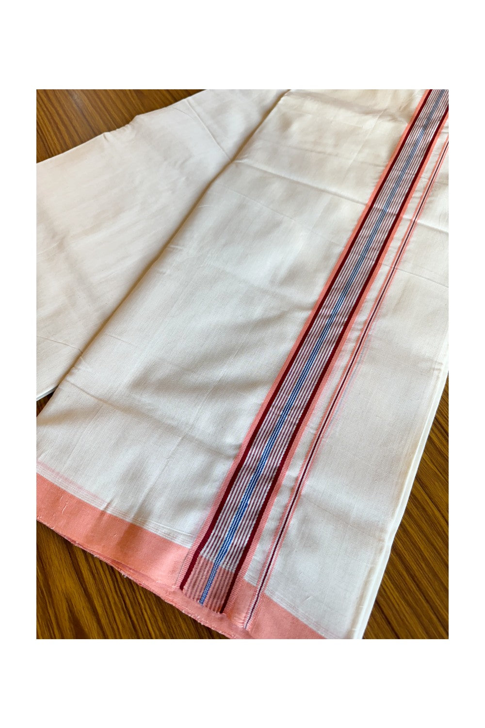 30% DISCOUNT!! KaithariKada HANDLOOM UNAKKUPAAV Balaramapuram - 100% PURE Cotton OFF White Double Mundu/Dothi - 2 inch Pink Blue Mixed Stripes Mulloth Kara 4.5 Meters (10 Muzham) - 4KK494SOM