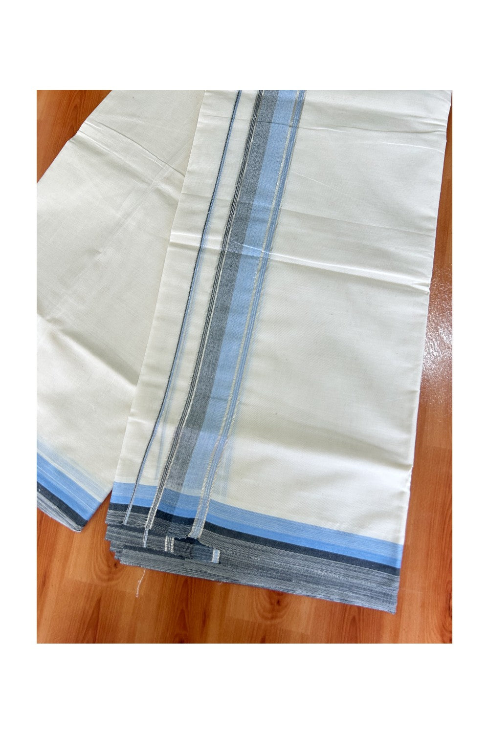 KaithariKada Balaramapuram 100% Cotton off white - (Unbleached) Double Mundu/Dhoti - 100X100 Shaded Blue Black & Silver Striped kara - 4KK5003PMC