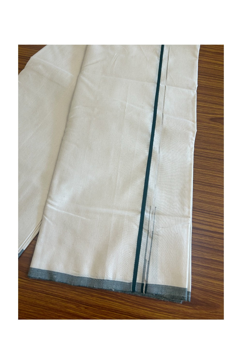 SIGNATURE KAITHARIKADA EXCLUSIVE SINGLE DHOTI - 30% Discount! 100% Cotton Balaramapuram HANDLOOM Single Mundu/Dhoti - Off White - (Unbleached) 0.25 Inch GREEN & SILVER KASAVU Chutty Kara (2 meter / 4 muzham) - 4KK502KK