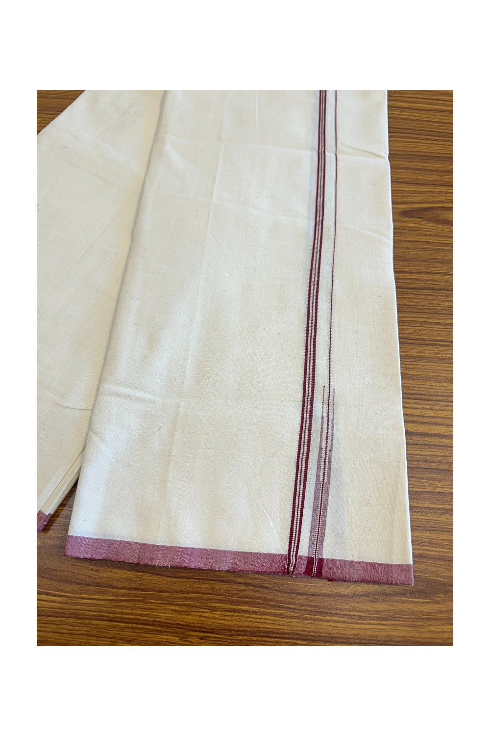 SIGNATURE KAITHARIKADA EXCLUSIVE SINGLE DHOTI - 100% Cotton Balaramapuram HANDLOOM Single Mundu/Dhoti - Off White - (Unbleached) - 1 cm Maroon & Silver Striped KASAVU Chutty Kara (2 meter / 4 muzham)- 4KK5040KAI