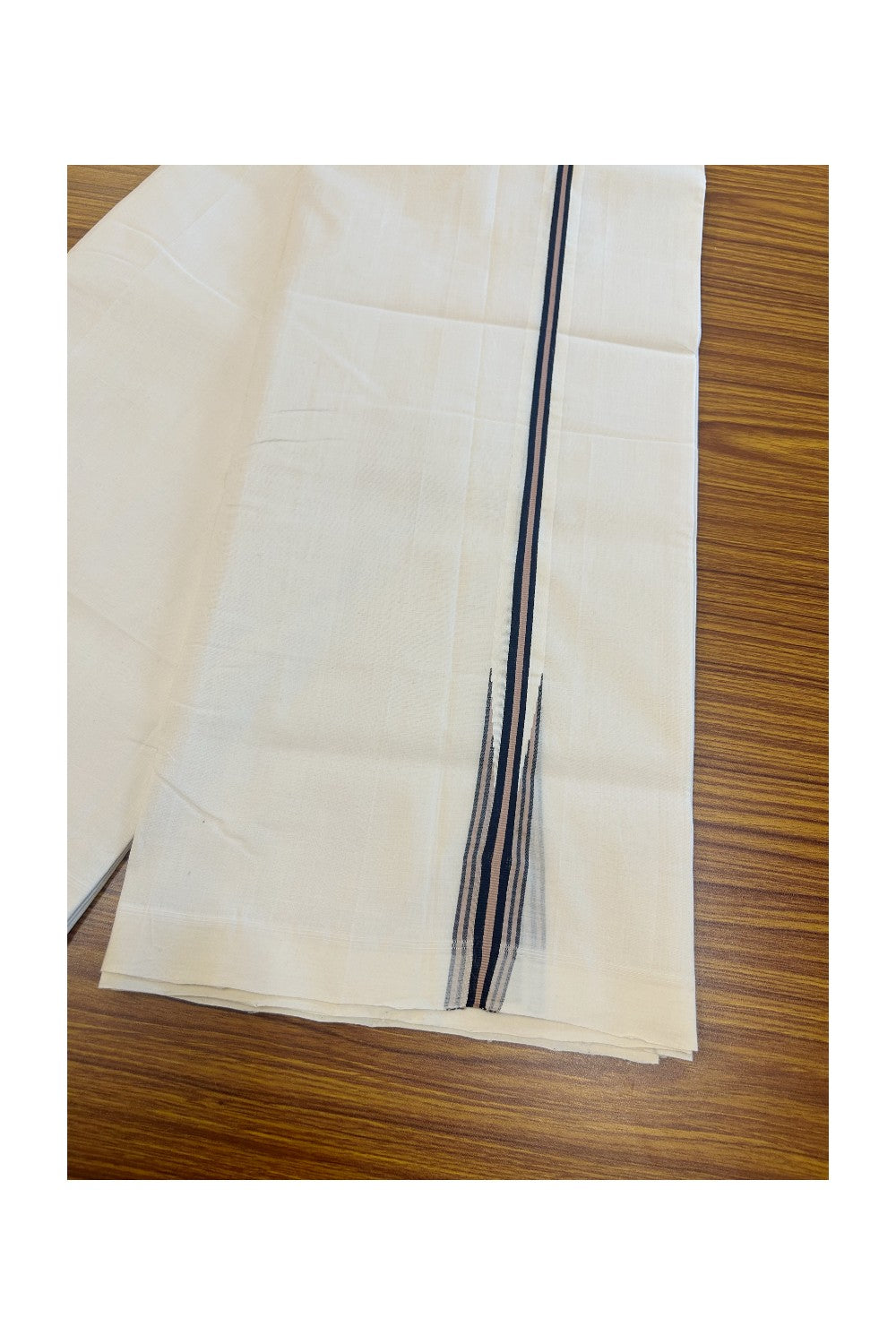 25% DISCOUNT!! KaithariKada HANDLOOM UNAKKUPAAV Balaramapuram - 100% PURE Cotton OFF White Double - (Unbleached) Mundu/Dothi - 1 inch Puliyilakkara Black & Chocolate Cream chutty - 4KK5049REA