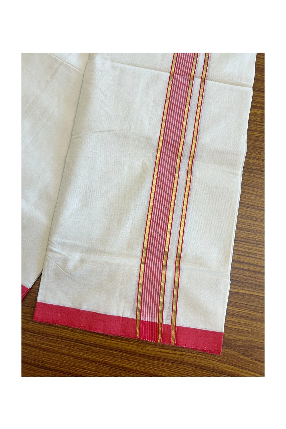 25% DISCOUNT! KaithariKada BALARAMAPURAM HANDLOOM UNAKKUPAAV - 100% PURE Cotton off white (Unbleached) Double Mundu/Dhoti - 2 inch Kasavu & Pink Red Stripes Kara-62