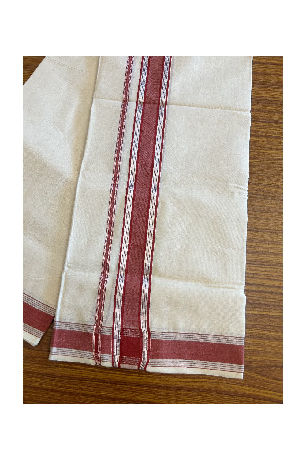25% DISCOUNT!KaithariKada Handloom Balaramapuram 100% Cotton Double Off white (Unbleached) Mundu/Dhoti-100X100- 2.75 inch Silver Kasavu & Red Kara.-6.
