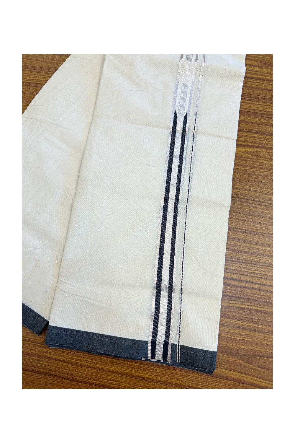 19% DISCOUNT! KaithariKada Balaramapuram 100% Cotton Double Off white - (Unbleached) Mundu/Dhoti-100x100 2 inch Chutty Heavy Designer Black & SILVER Kasavu Kara - 14KK400ASH