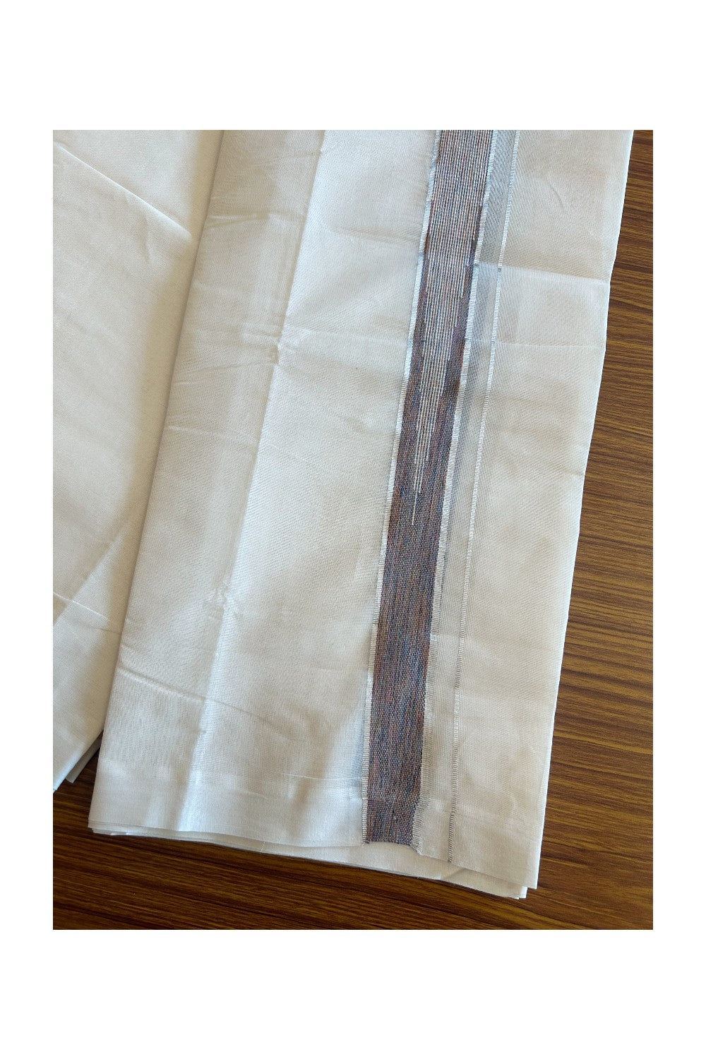 5% Discount!!! KaithariKada Balaramapuram Double Off white - (Unbleached) Mundu/Dhoti - 80X90 - 2 inch Silver kasavu Multi colour heavy chutty kara - 4KK5077KAI