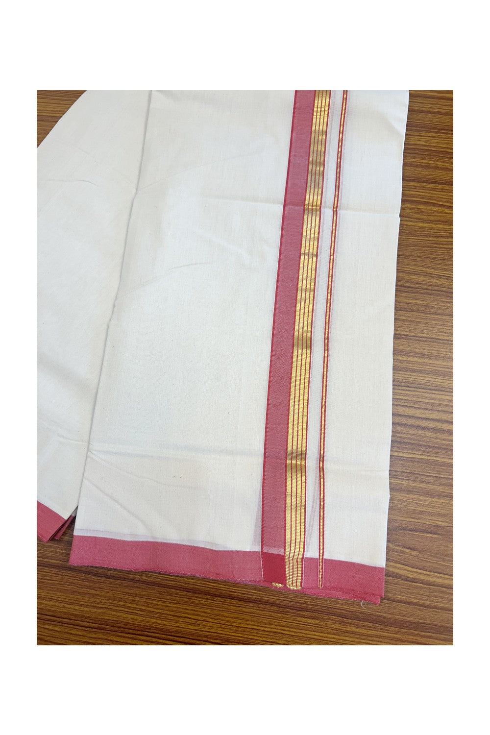 25% Discount !! KaithariKada HANDLOOM millpaav Balaramapuram - 100% PURE Cotton OFF White Double - (Unbleached) Mundu/Dothi - 2.25 inch Kasavu stripes & Reddish Pink Kara 4.5 Meters (10 Muzham) - 4KK5081RAM