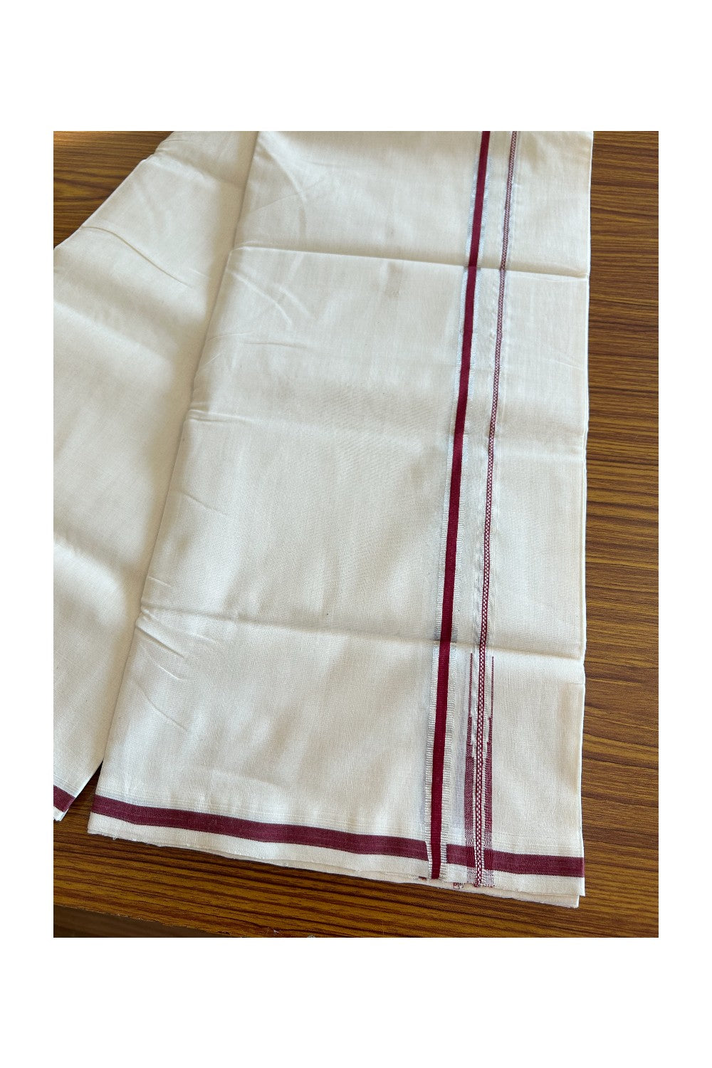 29% DISCOUNT!! KaithariKada HANDLOOM UNAKKUPAAV Balaramapuram - 100% PURE Cotton OFF White - (Unbleached) Double Mundu/Dothi - 1 cm Puliyilakkara Maroon & Silver Kasavu chutty Kara - 4KK5089YAR