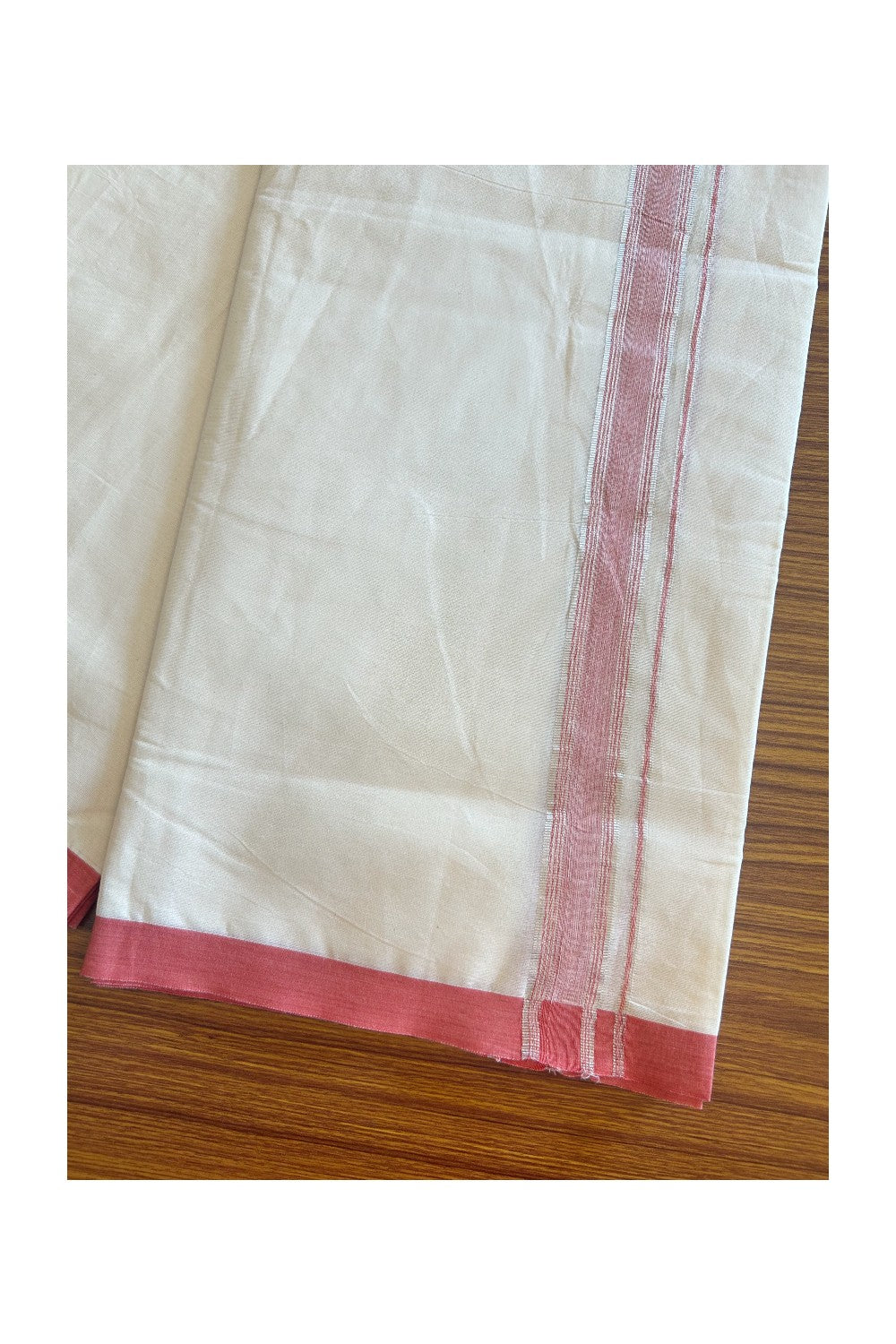 19% DISCOUNT ! KaithariKada 100% Cotton OFF WHITE (Unbleached) Double Dhoti/Mundu- 1.75 inch Reddish Pink & Silver Striped Kara 4.26 Meters (9.13 Muzham) - 4KK5093ASH