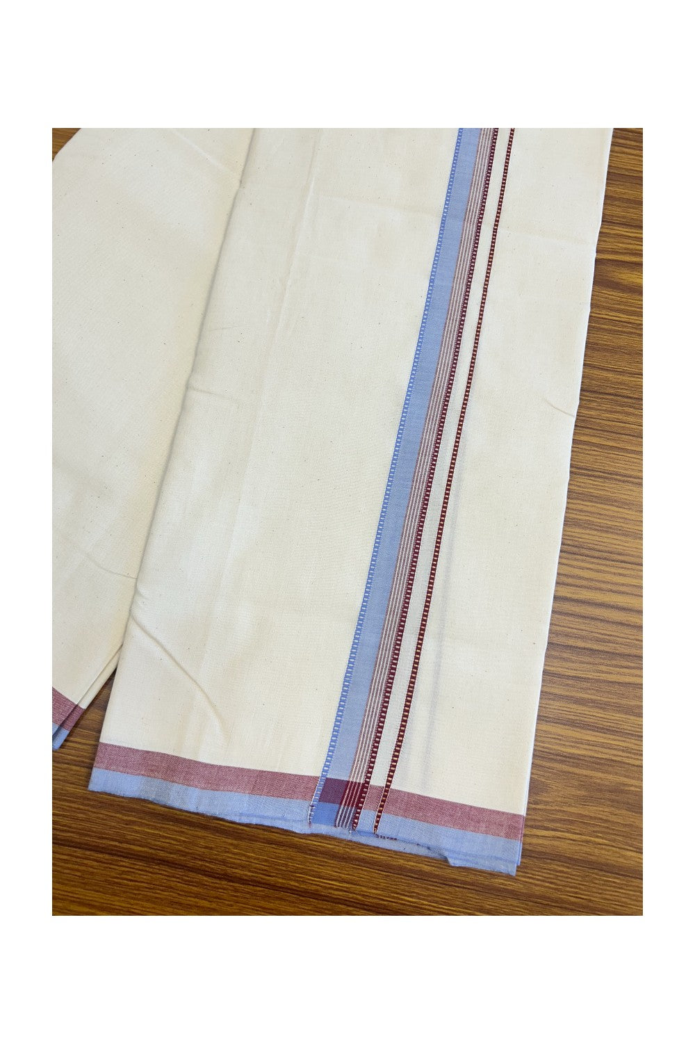 SIGNATURE KAITHARIKADA EXCLUSIVE SINGLE DHOTI -25% Discount! 100% Cotton Balaramapuram HANDLOOM Single Mundu/Dhoti - Off White - (Unbleached) 1 inch Lavender Blue & Maroon Silver gold Kasavu Muthukuri white striped kara (2meters /4muzham) - 3KK5131KAI
