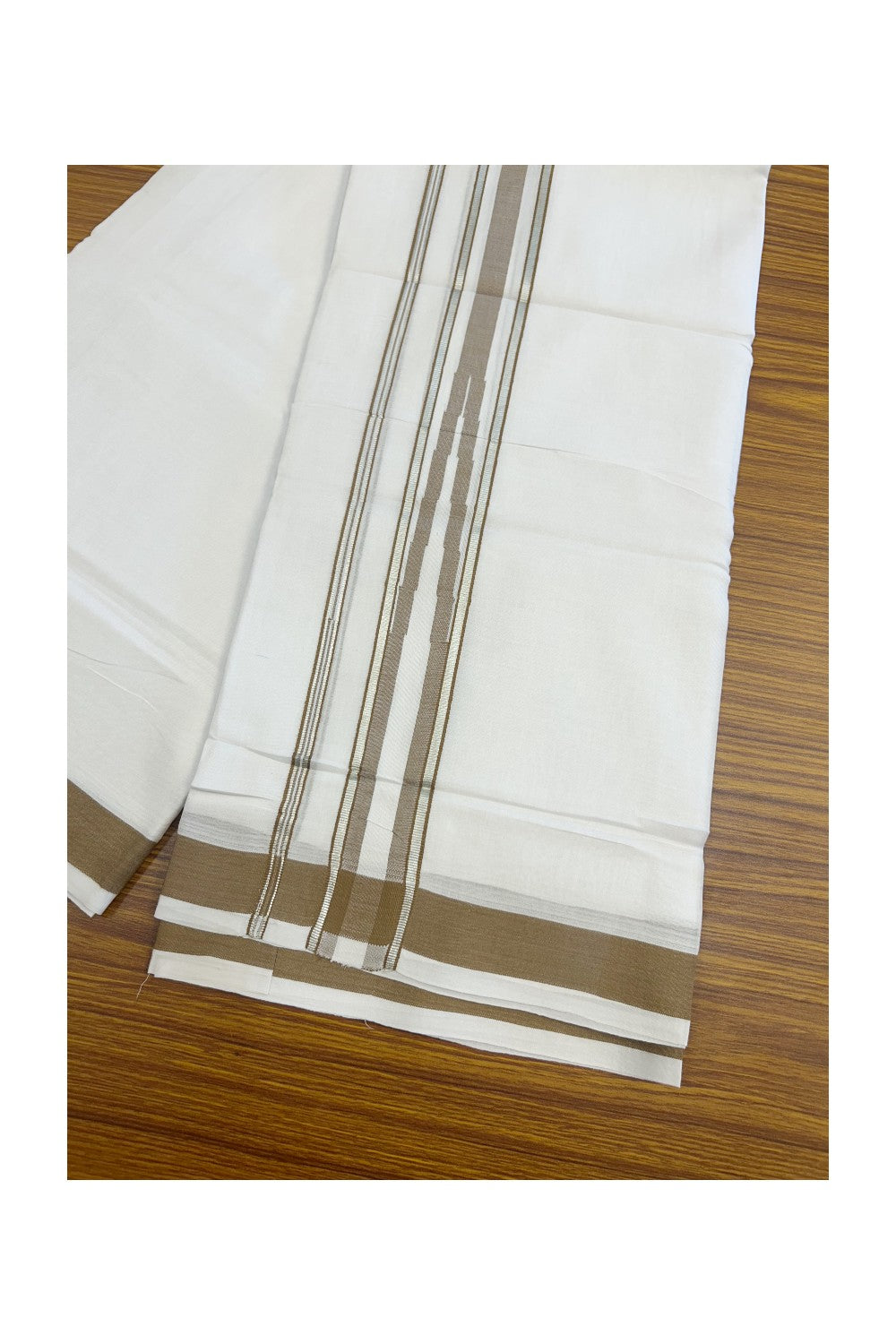 25% DISCOUNT! KaithariKada Balaramapuram 100% Mercerised Cotton Double ULTRA PURE white Mundu/Dhoti - 120x120 - 1.75 inch Heavy Chutty Silver Kasavu & Peanut Brown Shaded Kara - 4KK5139THI