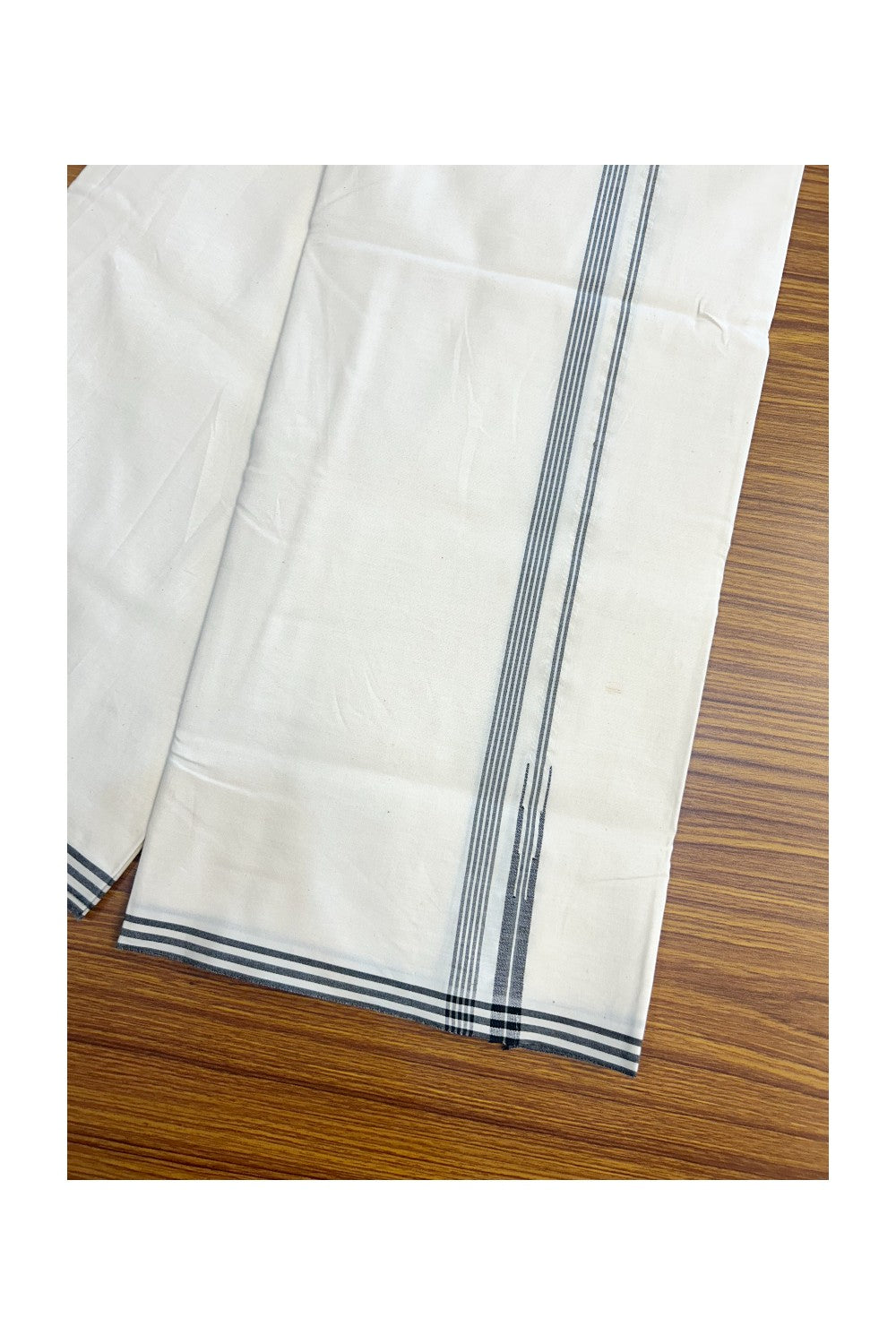 16% DISCOUNT ! KaithariKada Balaramapuram 100% COTTON SINGLE OFF WHITE (Unbleached) Mundu/Dhoti-100X100- 0.5 inch Puliyilakkara Black Striped Chutty Kara (2 meter / 4 muzham) - 4KK5150ASH