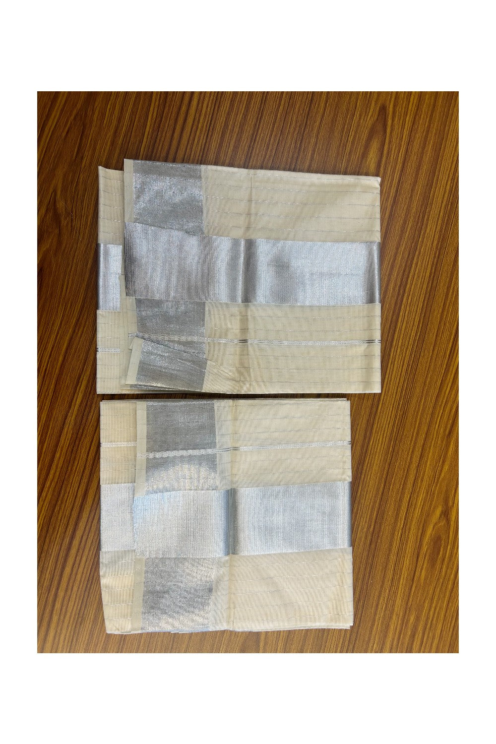 25% Discount!! KaithariKada - Kerala Pure Cotton OFF WHITE Single Set Mundu - EXTRA LENGTH - Stripes Silver Kasavu Big Kara - 4KK5152PMC