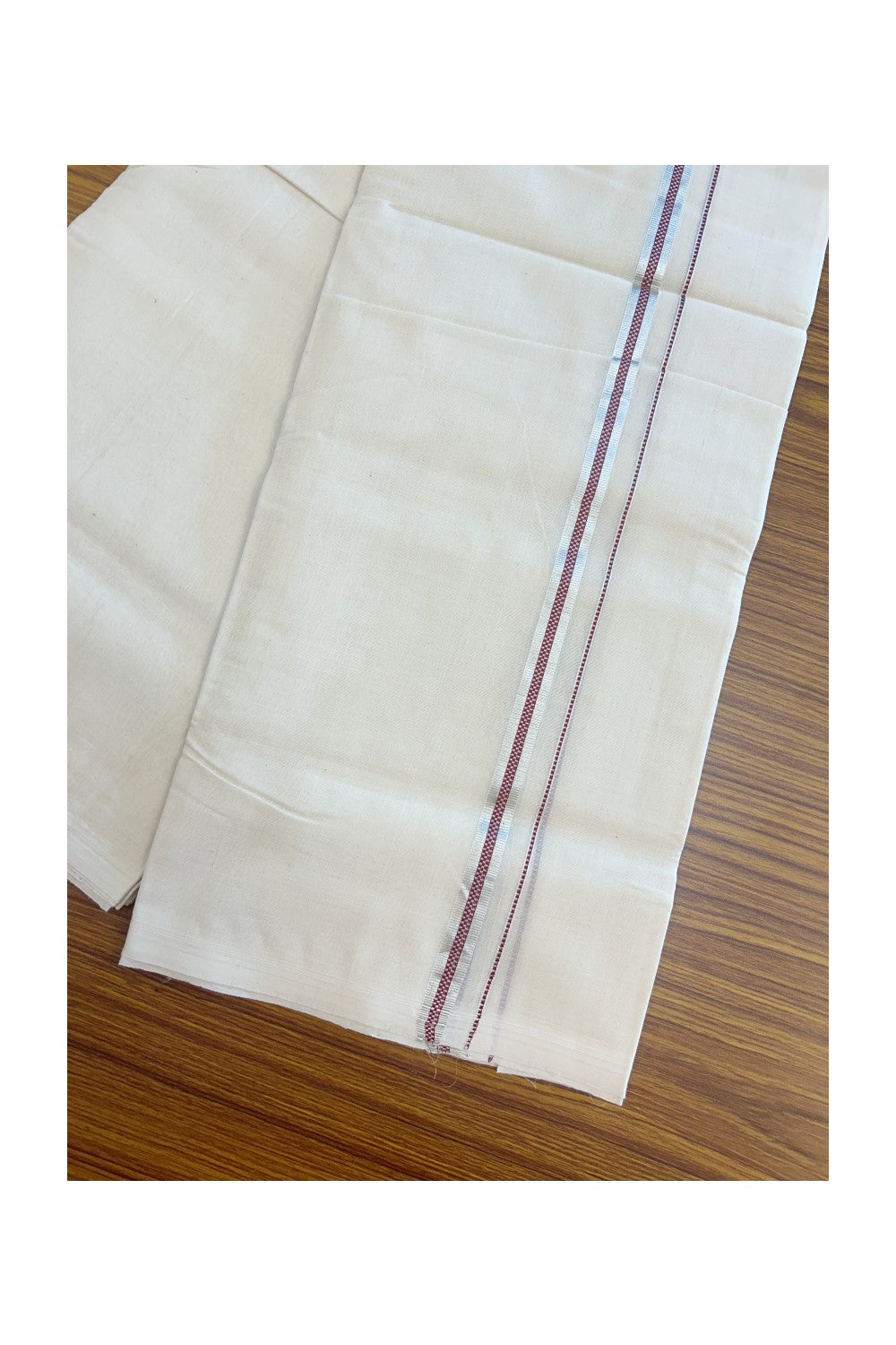 25% DISCOUNT! KaithariKada BALARAMAPURAM HANDLOOM UNAKKUPAAV - 100% PURE Cotton Off white (Unbleached) Double Mundu/Dhoti - 0.5 inch Silver Kasavu & Muthukkuri Maroon Kara (8 Muzham) - 18KK5161SOM