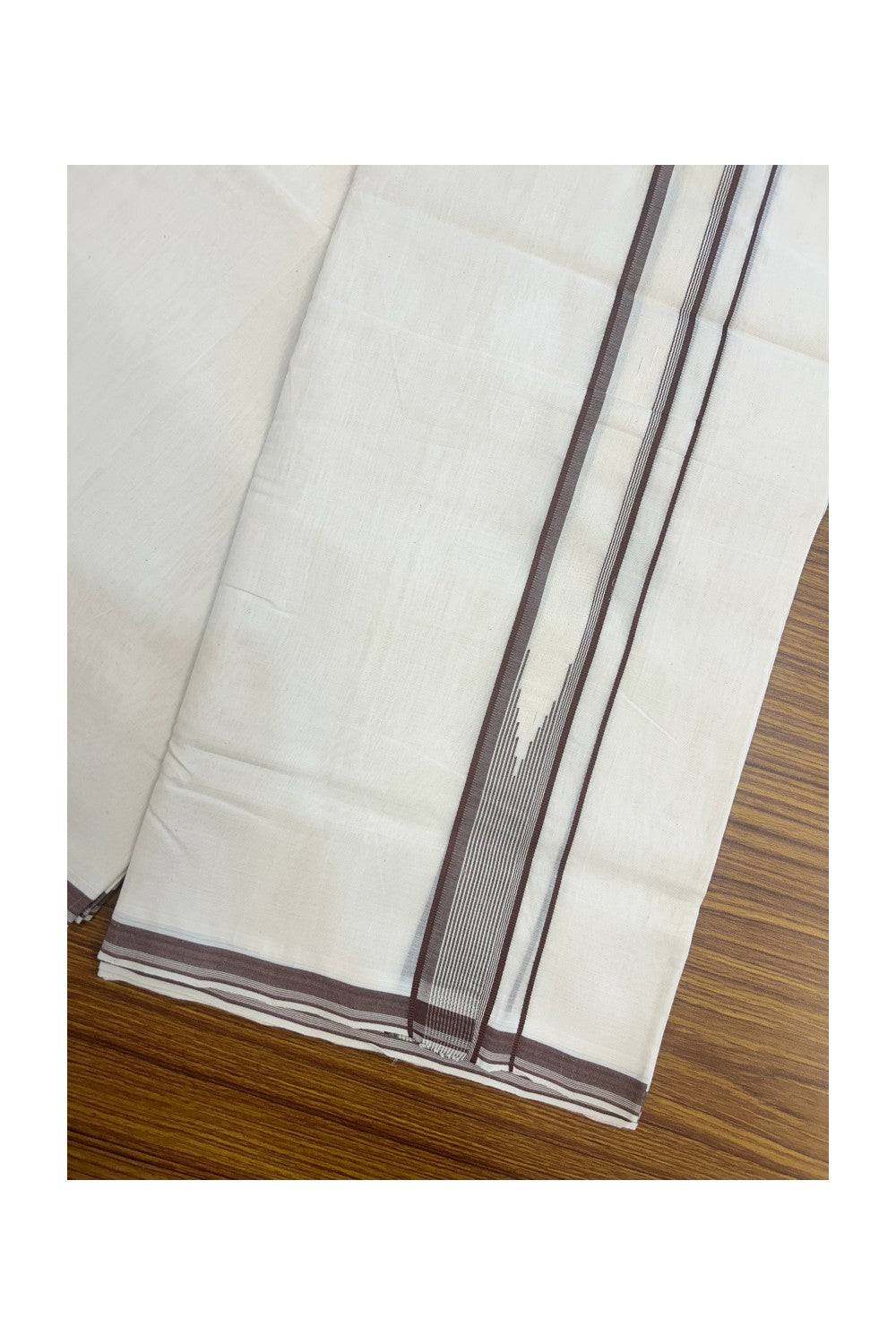25% DISCOUNT!! KaithariKada HANDLOOM UNAKKUPAAV Balaramapuram - 100% PURE Cotton OFF White - (Unbleached) Double Mundu/Dothi - 100X100 - 1.5 inch Puliyilakkara Brown & white striped chutty - 1KK5167REA
