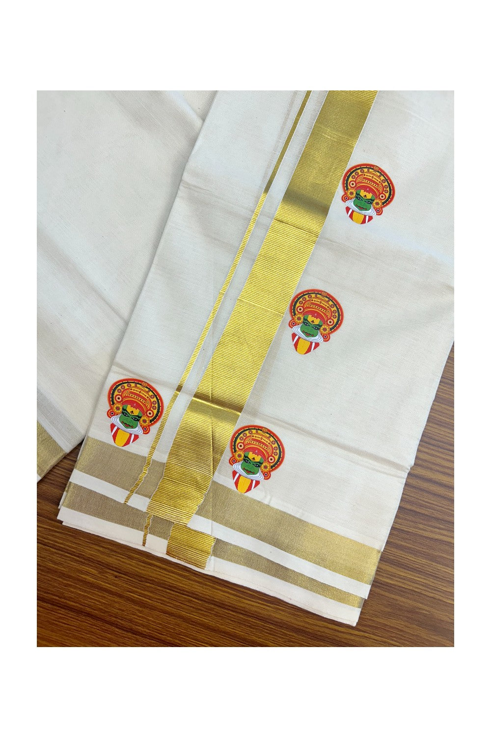 23% Discount!! KaithariKada Balaramapuram Mixed Cotton DOUBLE OFF WHITE - (Ubleached) Mundu/Dhoti - 80x72 - 1.25 inch Kasavu & Kathakali Printed Design Kara - 4KK5171GAN
