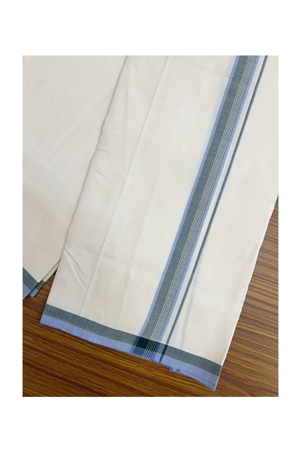 30%DISCOUNT!! SIGNATURE KAITHARIKADA EXCLUSIVE SINGLE DHOTI - 100% Cotton Balaramapuram HANDLOOM Single Mundu/Dhoti - Off White - (Unbleached) 1 inch Green & Lavender Striped Kara (2 meter / 4 muzham)- 4KK5173KAI