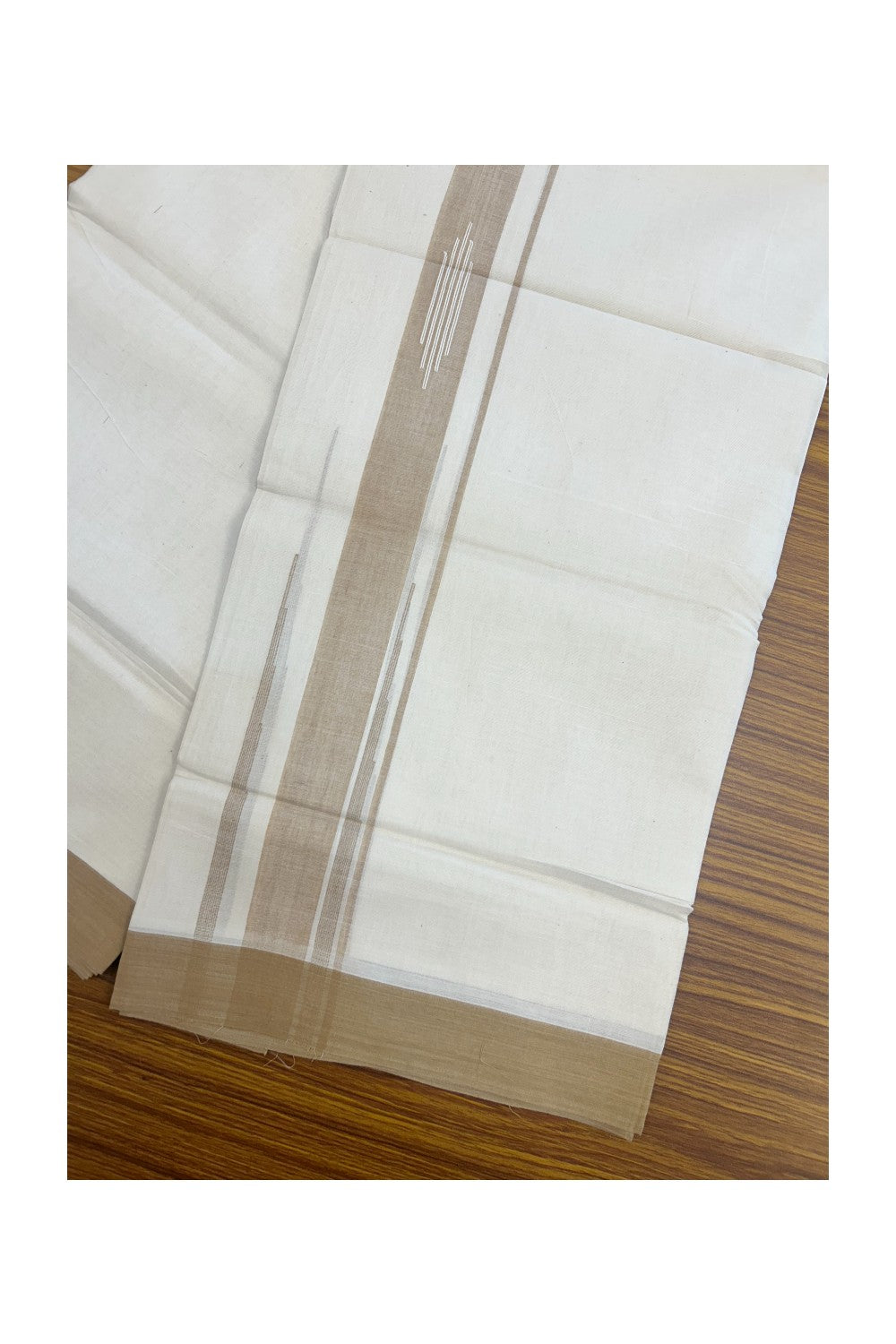 25% DISCOUNT! KaithariKada Balaramapuram Double OFF WHITE 100% Cotton Mundu/Dhoti - 100x80 - 2 inch Putta Design Sand Brown chutty kara - 4KK5174THI