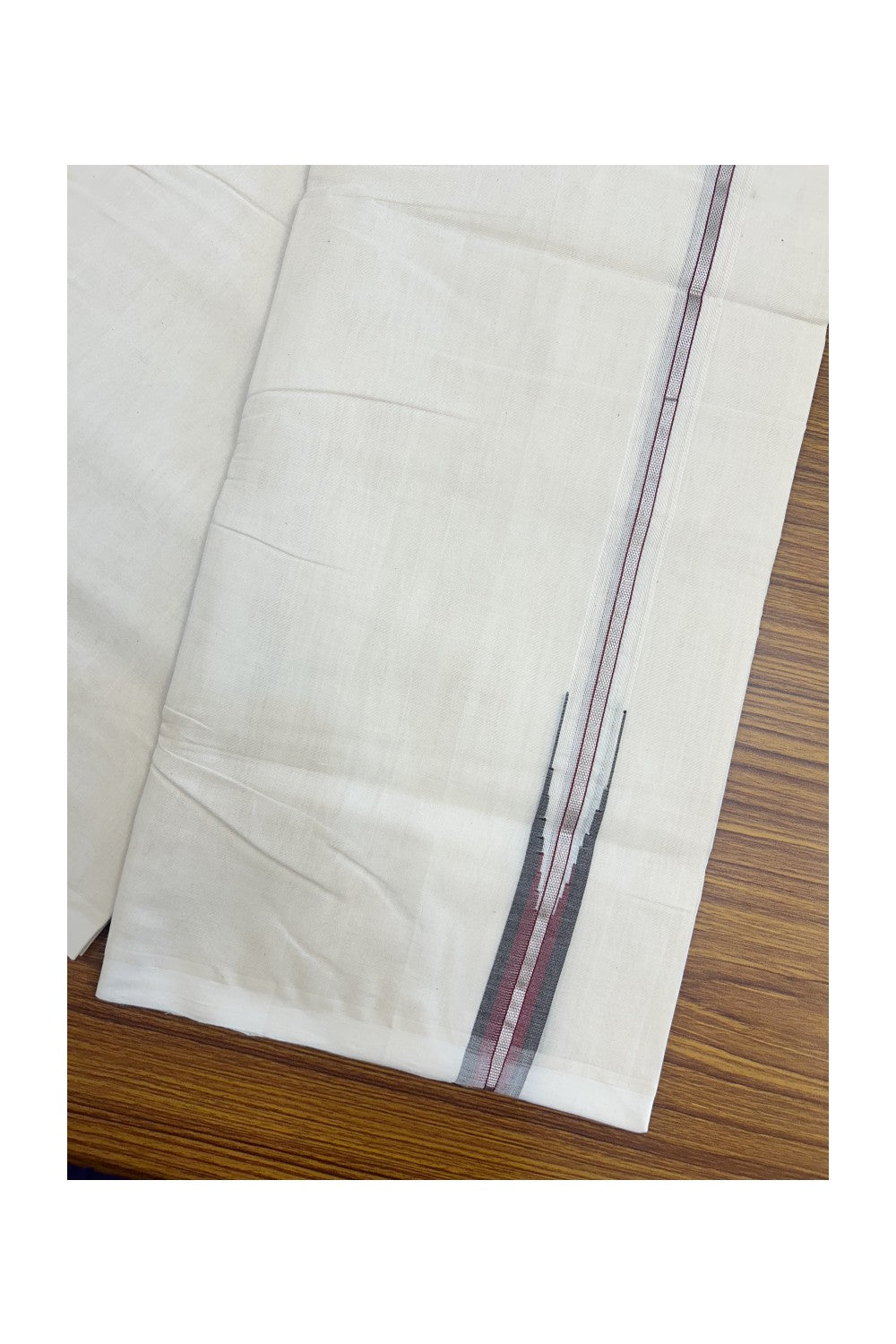 25% DISCOUNT!! KaithariKada HANDLOOM MILPAAV Balaramapuram - 100% PURE Cotton OFF White Double - (Unbleached) Mundu/Dothi - 100x100 - 1 inch Silver Kasavu Maroon & Brown shaded chutty - 3KK5177RAM