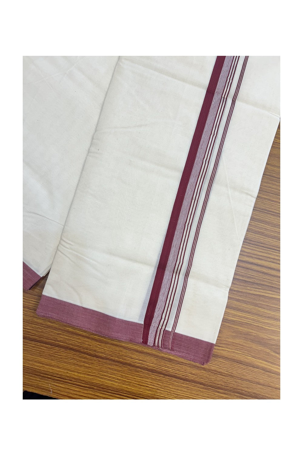 19% Discount KaithariKada Balaramapuram 100% Cotton Double Off white - (Unbleached) - Mundu/Dhoti - 100x100 - 1.25 inch Silver Kasavu & Maroon Striped Kara - 4KK5178ASH