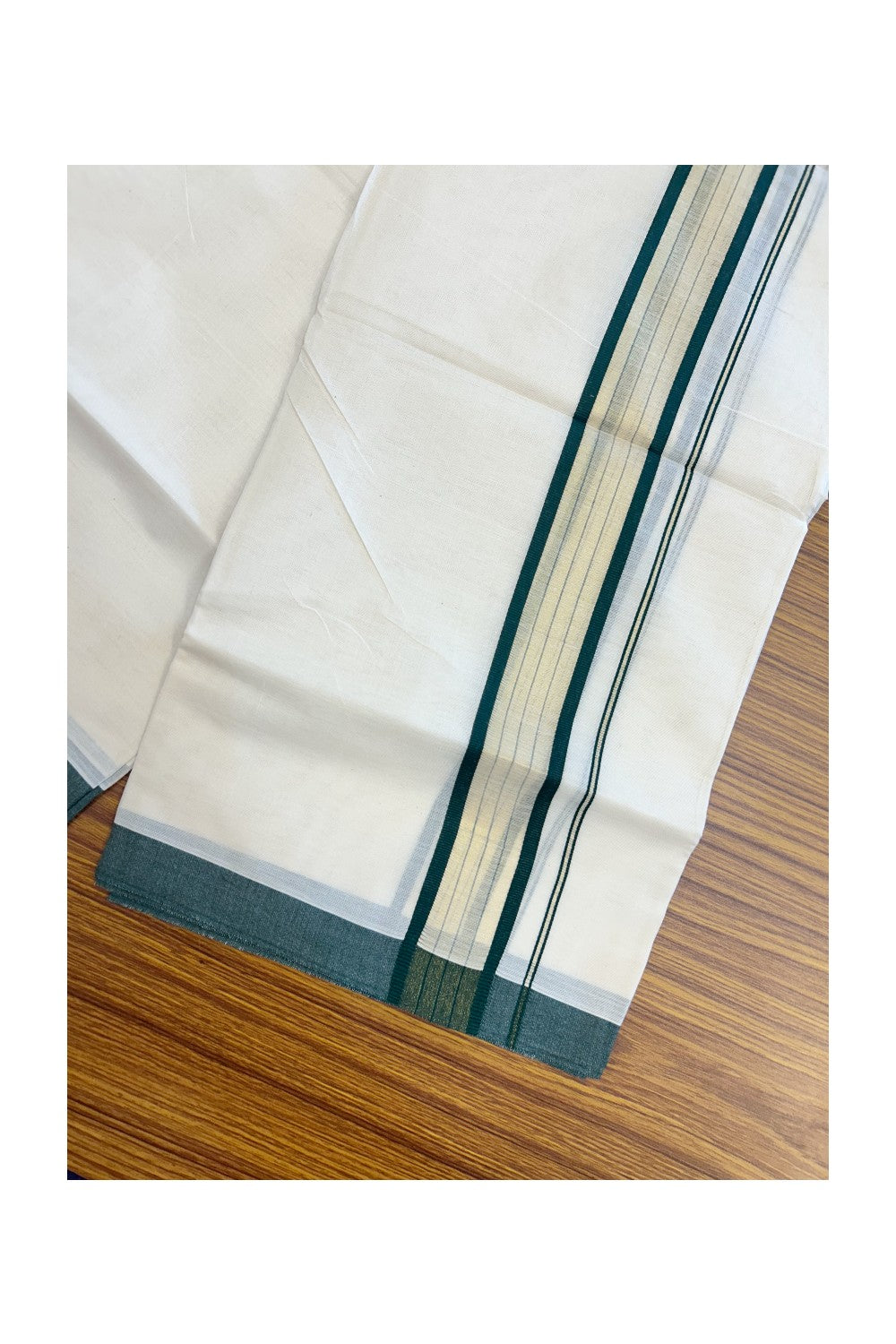 20% DISCOUNT! KaithariKada Balaramapuram Double OFF WHITE Mundu/Dhoti - 80x90 - 1.75 Inch Tissue Dark Green striped Kara - 4KK5182VAS