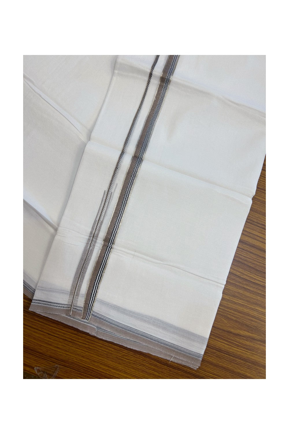 20% Discount !! Kaitharikada Balaramapuram 100% Cotton PURE WHITE DOUBLE Mundu/Dothi- 100X80 Thread - 0.5 inch - Silver Kasavu Black & Grey Brown Design Chutty Kara - 4KK5184RAMS