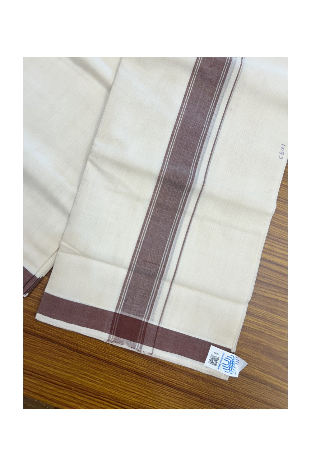 25% Discount KaithariKada Handloom Unakkupaav Balaramapuram - 100% Pure Cotton Off White (Unbleached) Double Mundu/Dhoti - 80X90 - 1.75 inch Chocolate Brown Stripes Kara 3.80 mtr - 4KK5192ELA