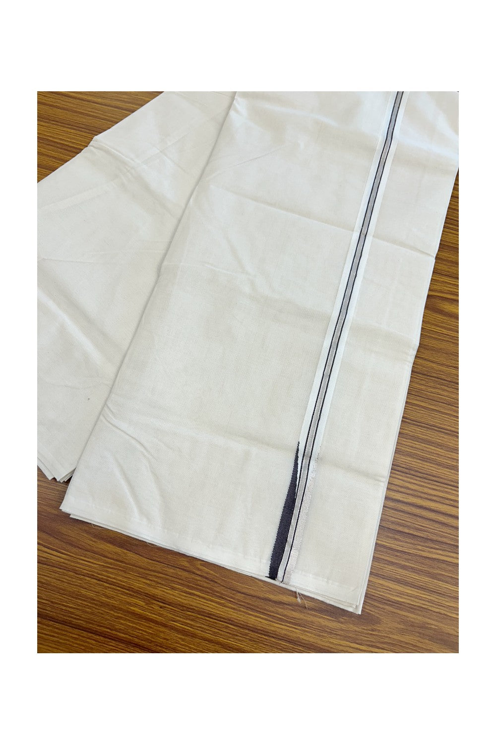 20% DISCOUNT ! KaithariKada 100% Cotton OFF WHITE (Unbleached) Double Dhoti/Mundu- 0.75 inch Puliyilakkara Coffee Brown & Silver Chutty Kara 4.50 Meters (10 Muzham) - 4KK5203ASH