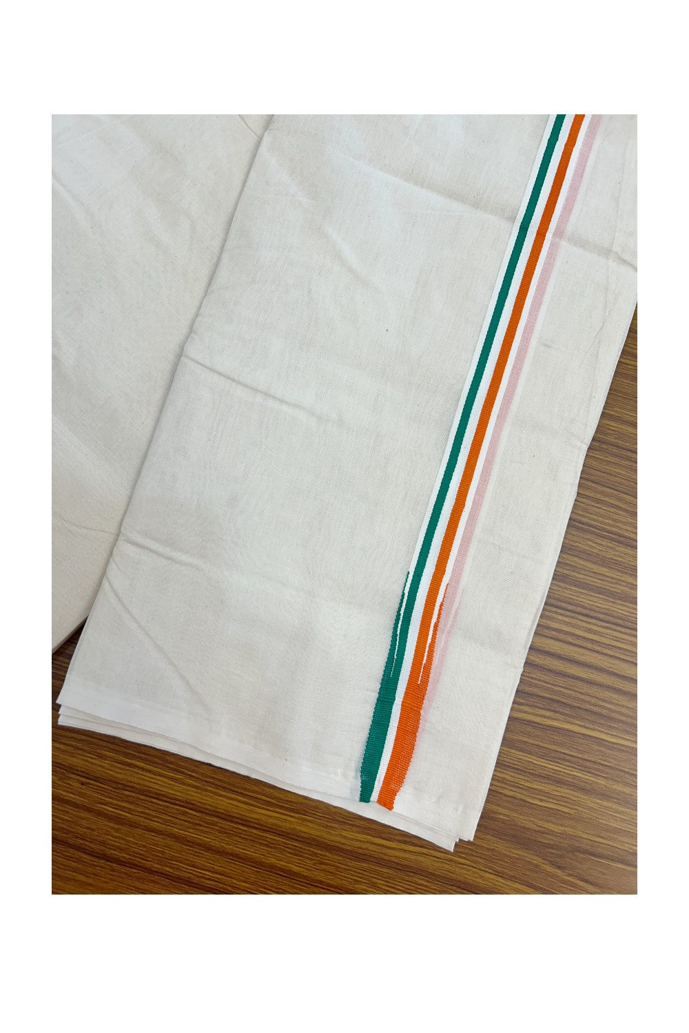 Congress Veshti - 20% Discount! KaithariKada 100% Cotton Off White Double - (Unbleached) Mundu/Dhoti - 100X80 - 1 inch Puliyilakkara Orange White & Green Chutty Kara - 4KK5204 ASH