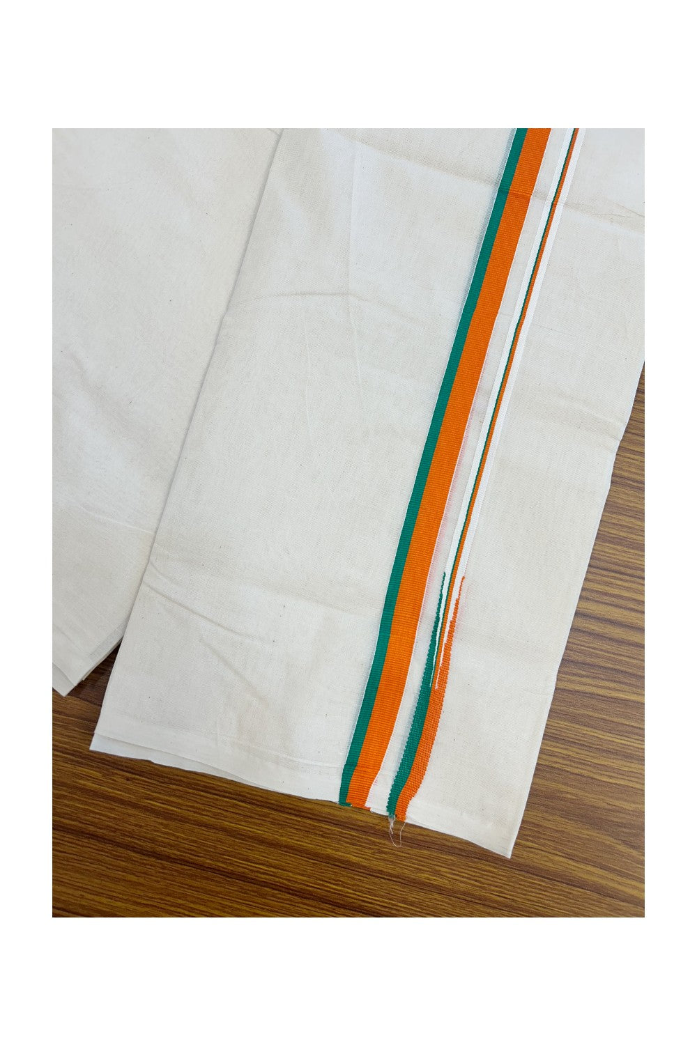 BJP VESHTI - 20% DISCOUNT! KaithariKada 100% Cotton off white Double - (Unbleached) Mundu/Dhoti - 100X100 - 1 inch Puliyilakkara Orange & Green Chutty Kara - 6 KK5207 ASH