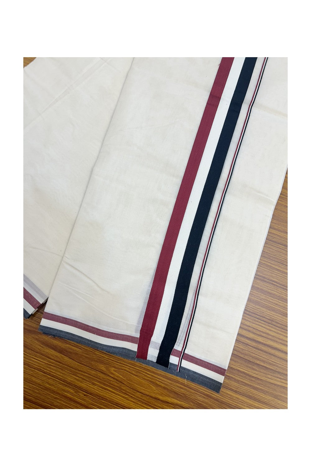 ADMK VESHTI - 20% DISCOUNT! KaithariKada 100% Cotton off white Double - (Unbleached) Mundu/Dhoti - 100X100 - 1.75 inch Black White & Maroon kara - 4KK5211ASH