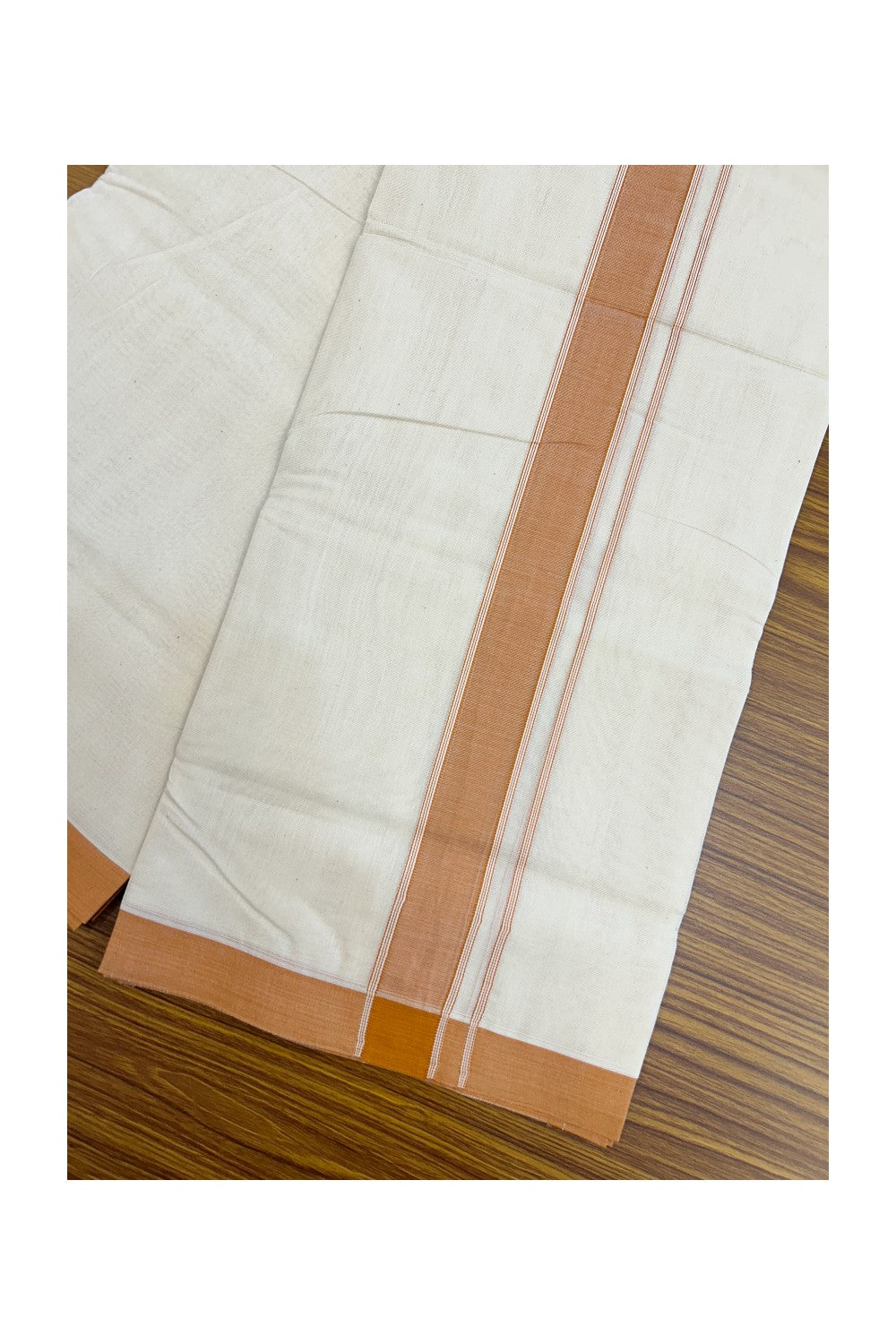 NEW !! 20% DISCOUNT!! KaithariKada Balaramapuram 100% Cotton Double Off white - (Unbleached) Mundu/Dhoti-100x80 - 1.5 inch Light Orange Shaded Striped KARA - 3.75 mtr (8 Muzham) - 4KK5218 ASH