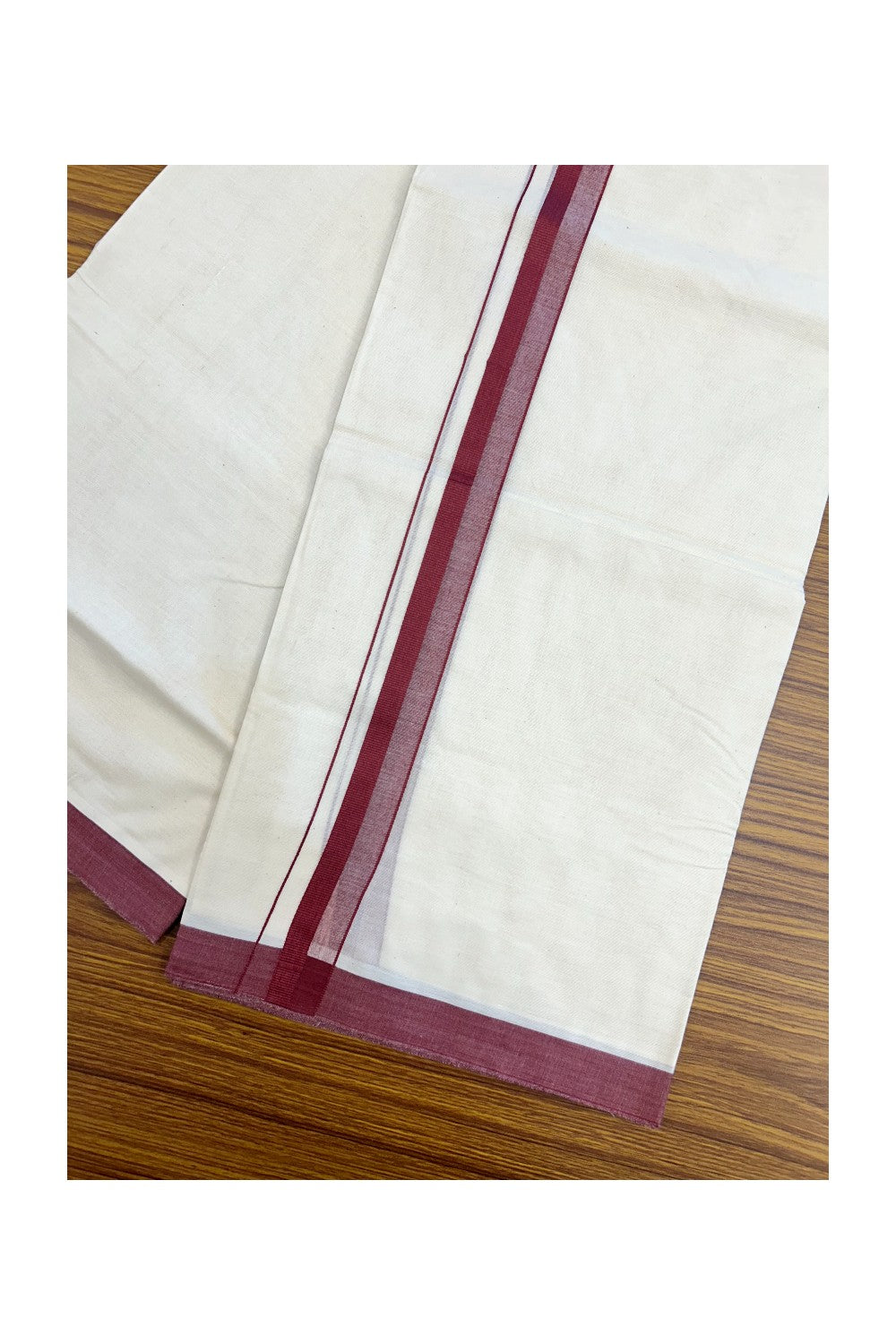 24% Discount ! KaithariKada Balaramapuram 100% Cotton Double OFF WHITE- (Unbleached) - Mundu / Dhoti- 100x80 - 1.5 inch Maroon Kara - 4KK5214 MC