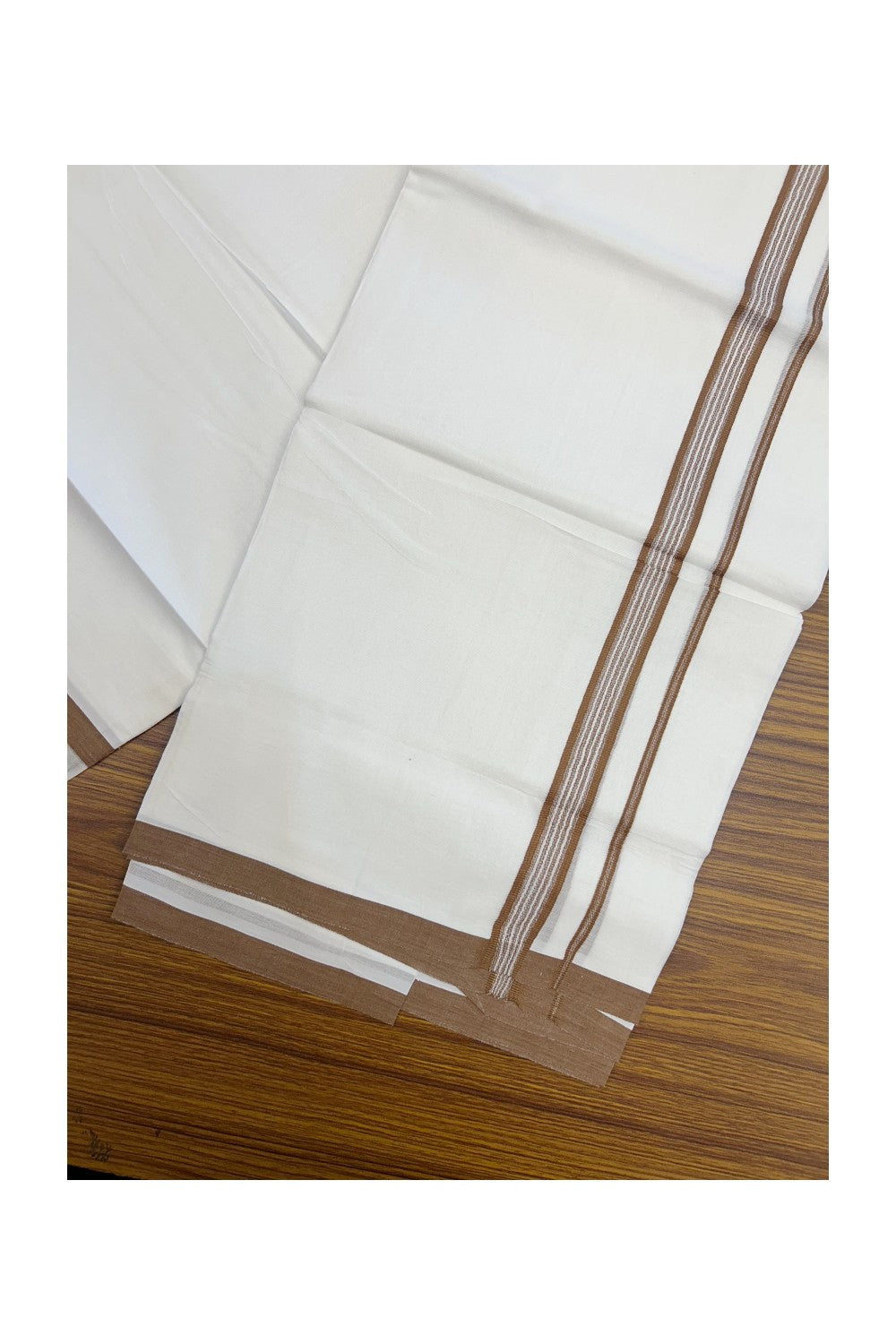 20% Discount ! Kaitharikada Balaramapuram 100% Cotton PURE WHITE Double Mundu/Dothi - 100x80 - 0.75 inch Brown Shaded Striped Kara - 4KK5217 CKS