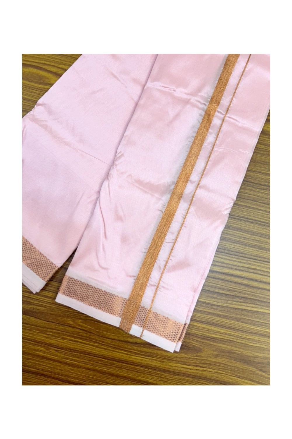 12% Discount!! KaithariKada Balaramapuram 100% Silk Double Mundu/Dhoti - Pastel Pink Colour Body - 0.5 inch Copper Kasavu Kara 3.60 mtr (8 muzham)- 4KK5222 GAN