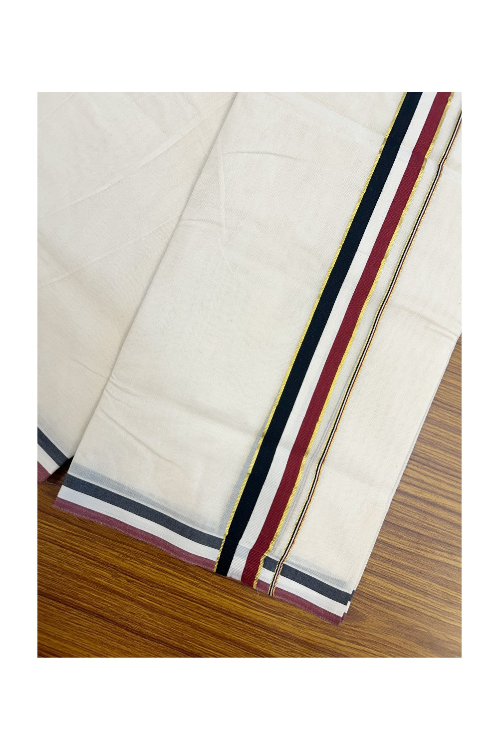 ADMK VESHTI - 20% DISCOUNT! KaithariKada 100% Cotton off white Double - (Unbleached) Mundu/Dhoti - 100X100 - 1.25 inch Gold Kasavu & Black White Maroon kara - 4KK5226ASH