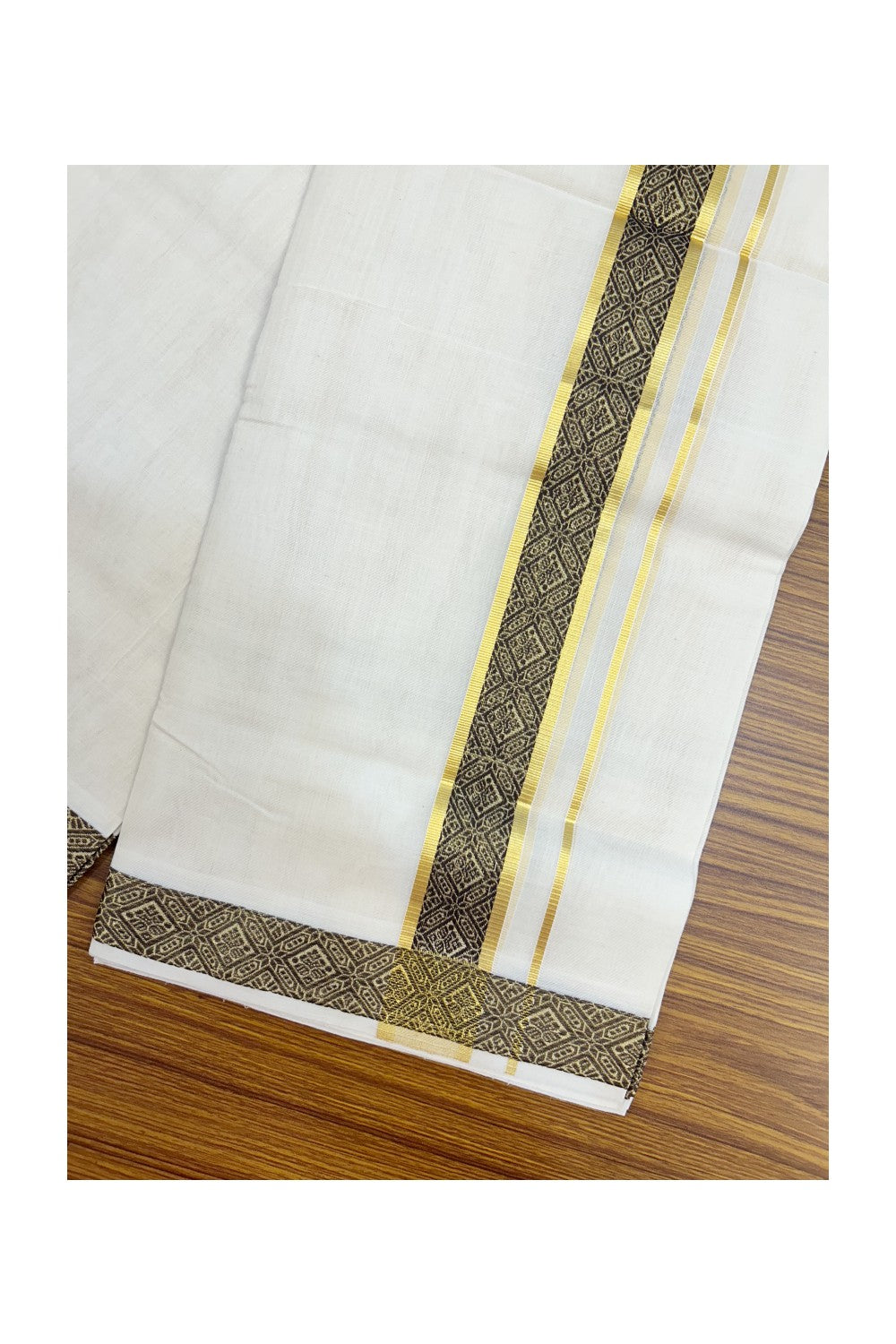 25% DISCOUNT ! KaithariKada HANDLOOM Unakkupaav Balaramapuram - 100% PURE Cotton OFF WHITE - (Unbleached) Double Mundu/Dhoti - 80x90 - 1.5 inch Gold Kasavu & Dark brown Jacquard Design Kara 4 mtr (8.5 Muzham) - 3KK5231 ABH