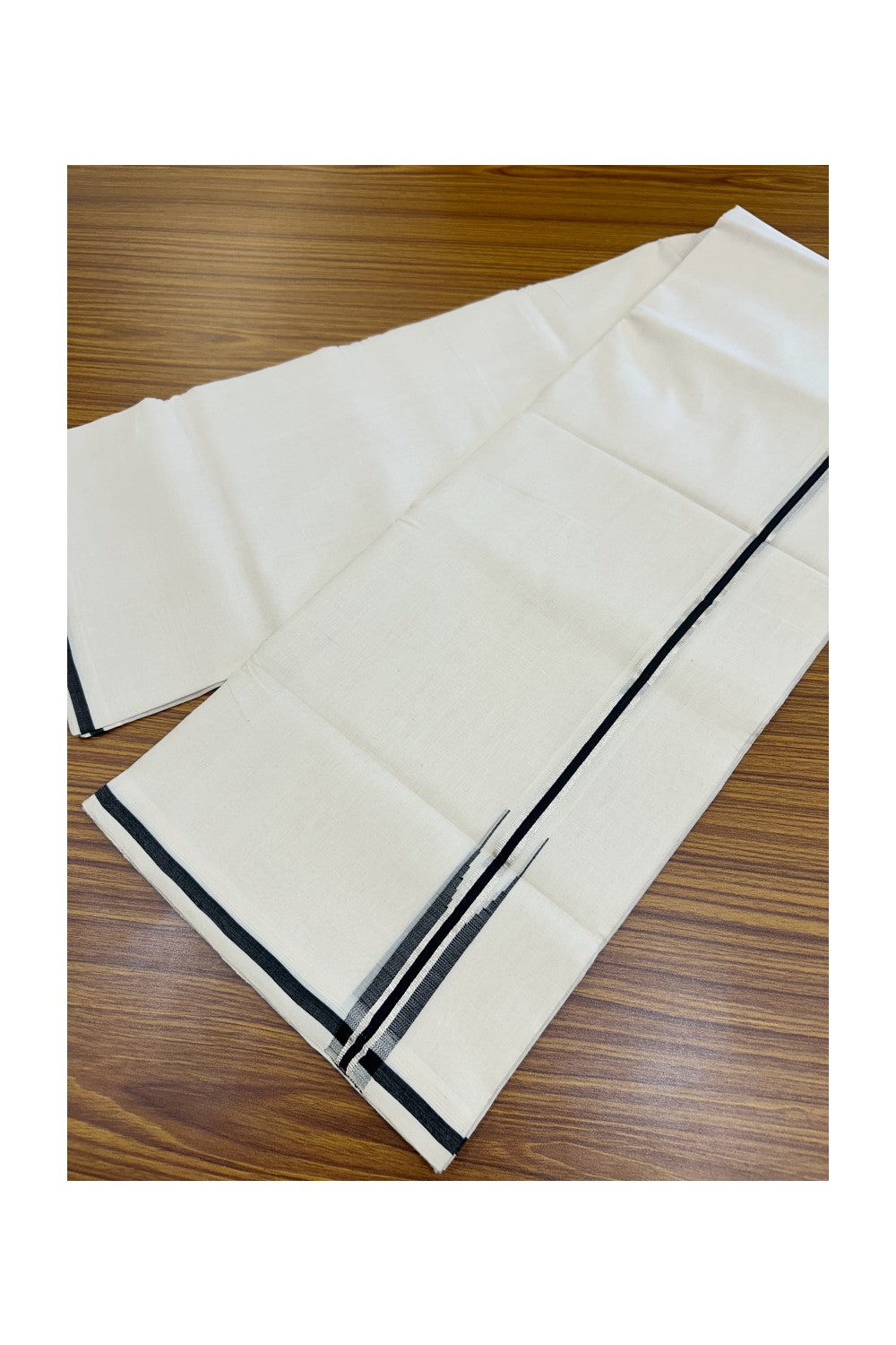 25% Discount!!! KaithariKada HANDLOOM UNAKKUPAAV Balaramapuram - 100% PURE Cotton OFF WHITE (Unbleached) Double Mundu/Dhoti - 80x90 - 1 inch Silver Kasavu Black chutty kara 4 Mtr (8.5 Muzham) - 4KK5235 YAR
