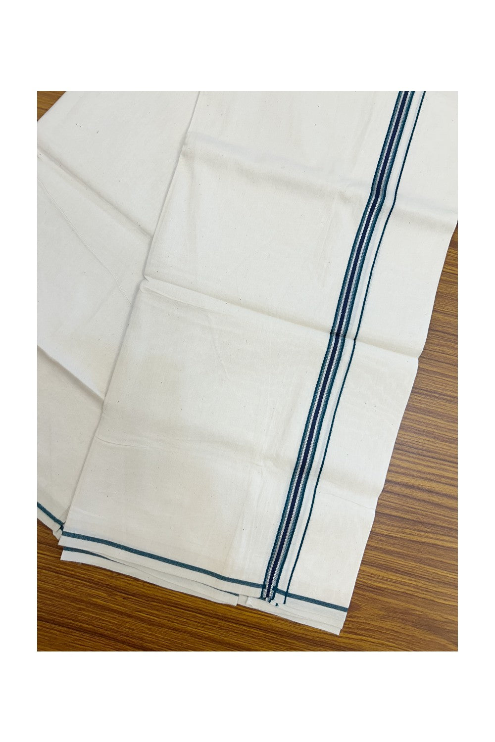 24% Discount !! KaithariKada Balaramapuram 100% Cotton OFF WHITE (Unbleached) Single Mundu/Dhoti - Twisted 60s Thread - 1.5 cm Silver Kasavu Green & Navy Blue Kara (2 meter / 4 muzham) - 2KK5236 GL