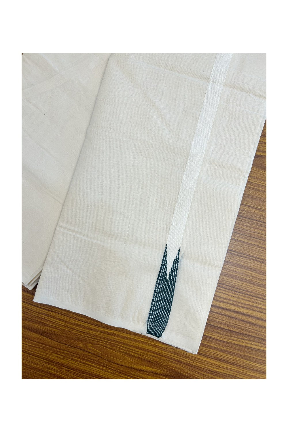 29% DISCOUNT ! KaithariKada Balaramapuram 100% COTTON Double OFF WHITE (Unbleached) Mundu/Dhoti- 100x100 - 0.75 inch Puliyilakkara Peacock Green Striped Chutty Kara - 4mtr (8.5 muzham)- 5KK5238 ASH
