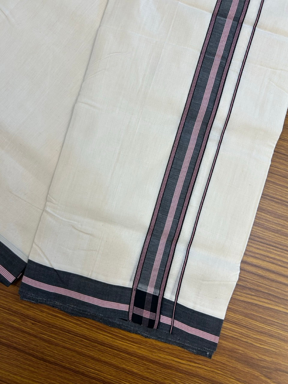 25% DISCOUNT!! KaithariKada HANDLOOM UNAKKUPAAV Balaramapuram - 100% PURE Cotton OFF White - (Unbleached) Double Mundu/Dothi - 100 x 80 - 1.5 inch Pink Black Black Strip Kara 3.85 meter - 4 KK5249 REA