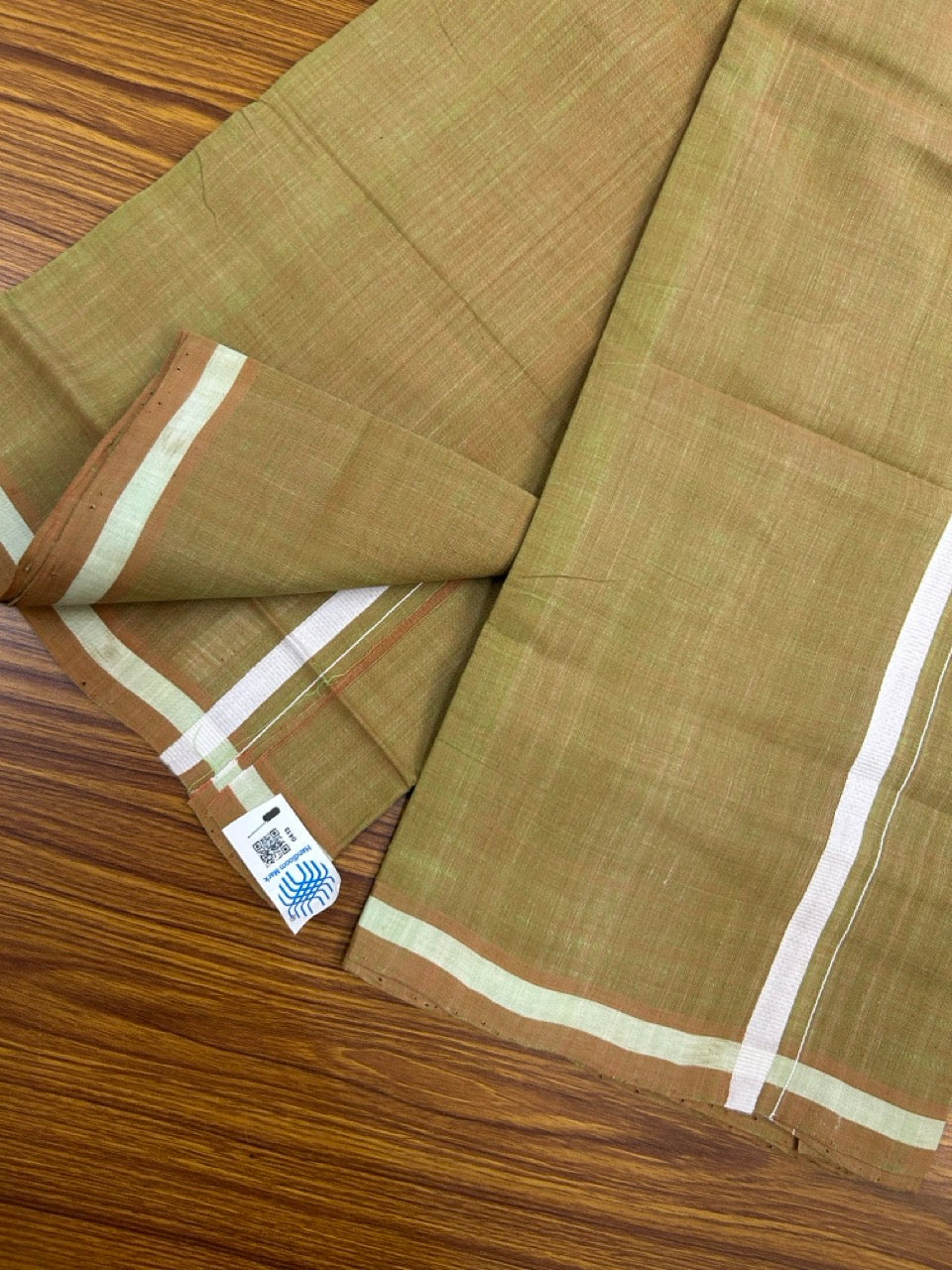 Handloom Single Hallmarked - 10% Discount !! KaithariKada 100% Pure Cotton - Mundu/Dhoti Sage Green Body White 0.5 inch Kara- (2 meter / 4 muzham)- 4 KK8030 ELA