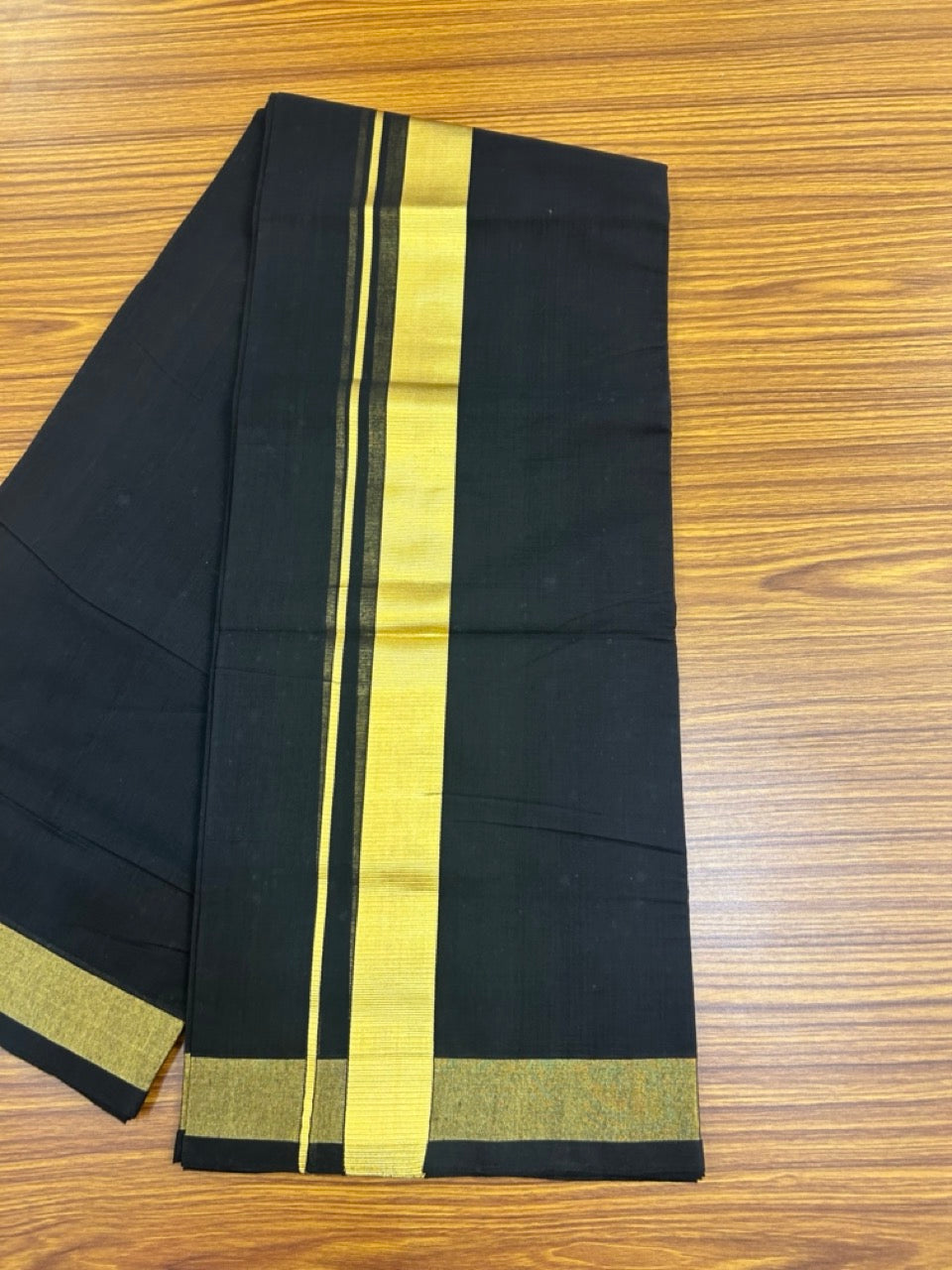 25% Discount! KaithariKada Handloom Unakkupaav Balaramapuram - Pure Cotton Double Mundu/Dhoti (Unbleached) - 80x90s - Black Colour Body - 1.5 inch Gold Kasavu Kara - 93 KK5256 RAM