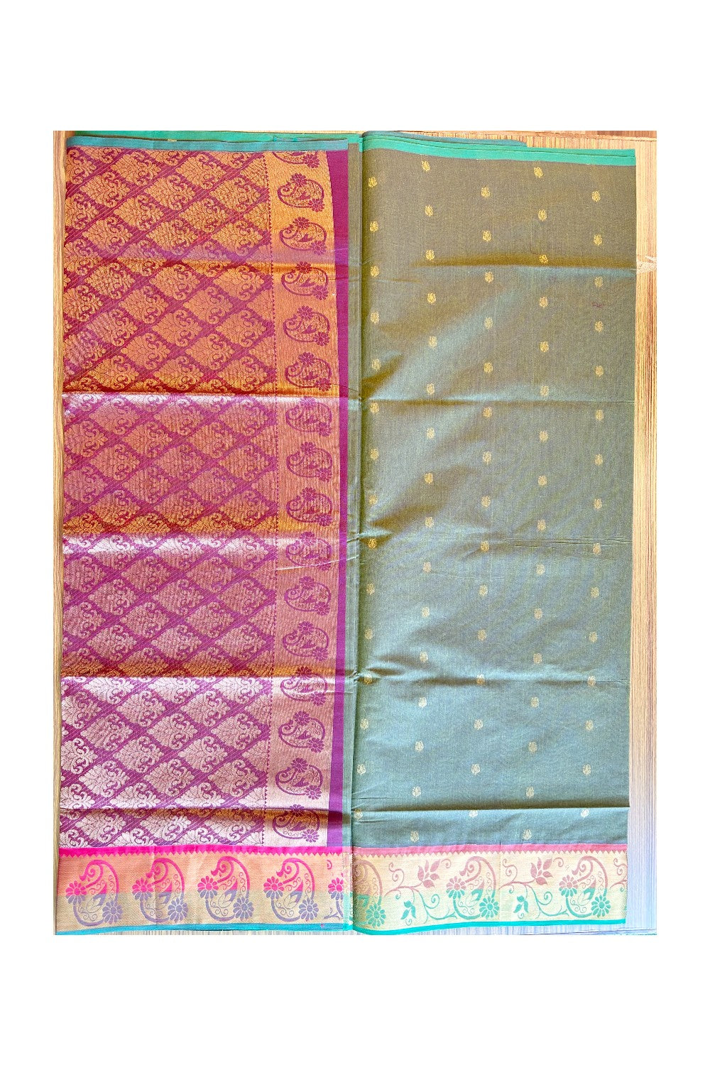 KaithariKada- Balaramapuram Saree - 100% PURE Cotton Silk - Olive Green & Maroon Design -4KK1005PAN.