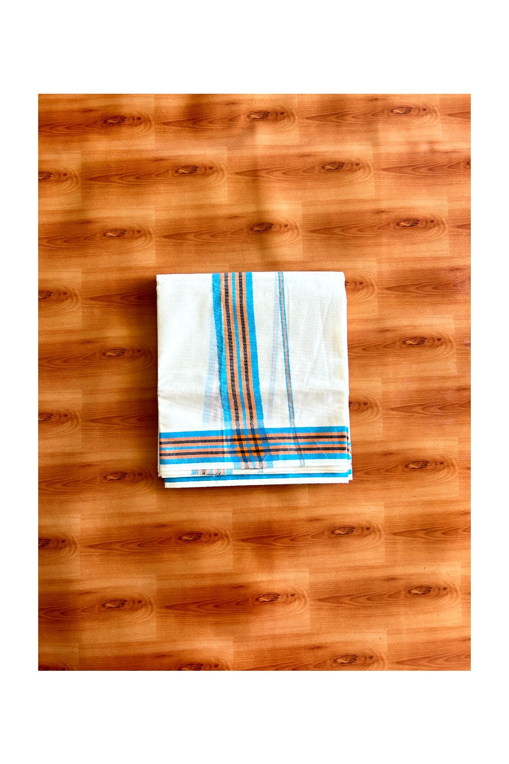 16% Discount!! KaithariKada - Kerala Cotton SINGLE SET MUND FOR WOMEN Blue, Orange & Black Striped Mulloth Kara- 4KK494VIN