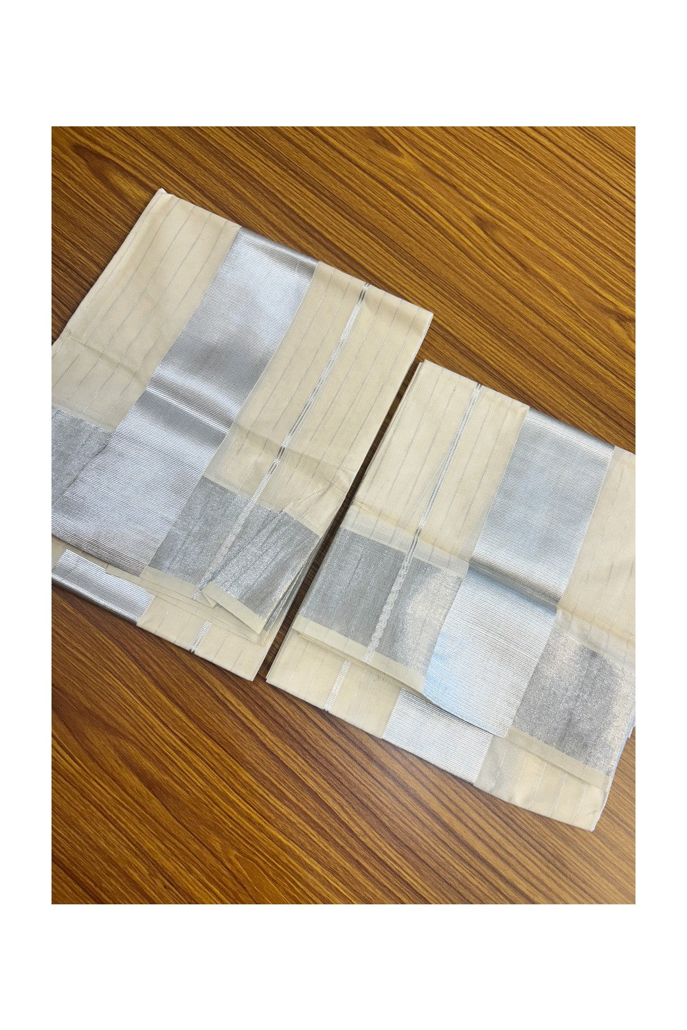 25% Discount!! KaithariKada - Kerala Pure Cotton OFF WHITE SINGLE SET MUND FOR WOMEN - EXTRA LENGTH - Stripes Silver Kasavu Big Kara - 4KK5152PMC